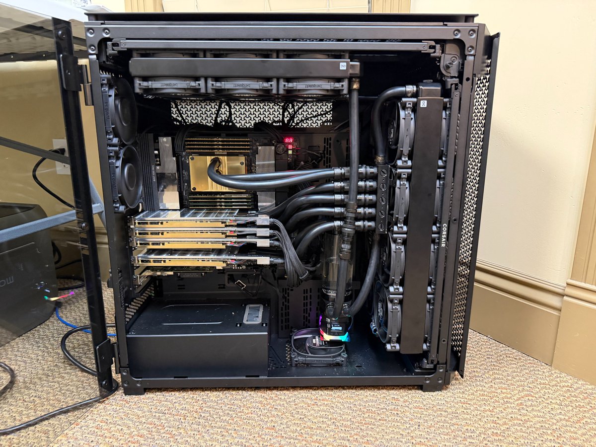 jackzampolin's tweet photo. Wrote this build up if you are interested in:
- Custom water cooled loops
- Living with your GPUs
- Broken computer parts
- Thermal management
- RTX 6000 Pros https://t.co/7vlwbxO5up