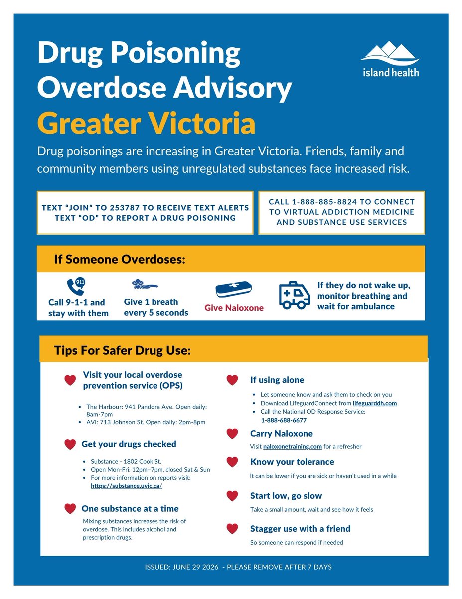 towardtheheart's tweet photo. ***Drug Poisoning Overdose Advisory - Greater Victoria - Jun 29, 2026***

Drug poisonings are increasing in Greater Victoria. Friends, family and community members using unregulated substances face increased risk.

More info: https://t.co/lXVWJDte0N https://t.co/MX0qWxqkYe