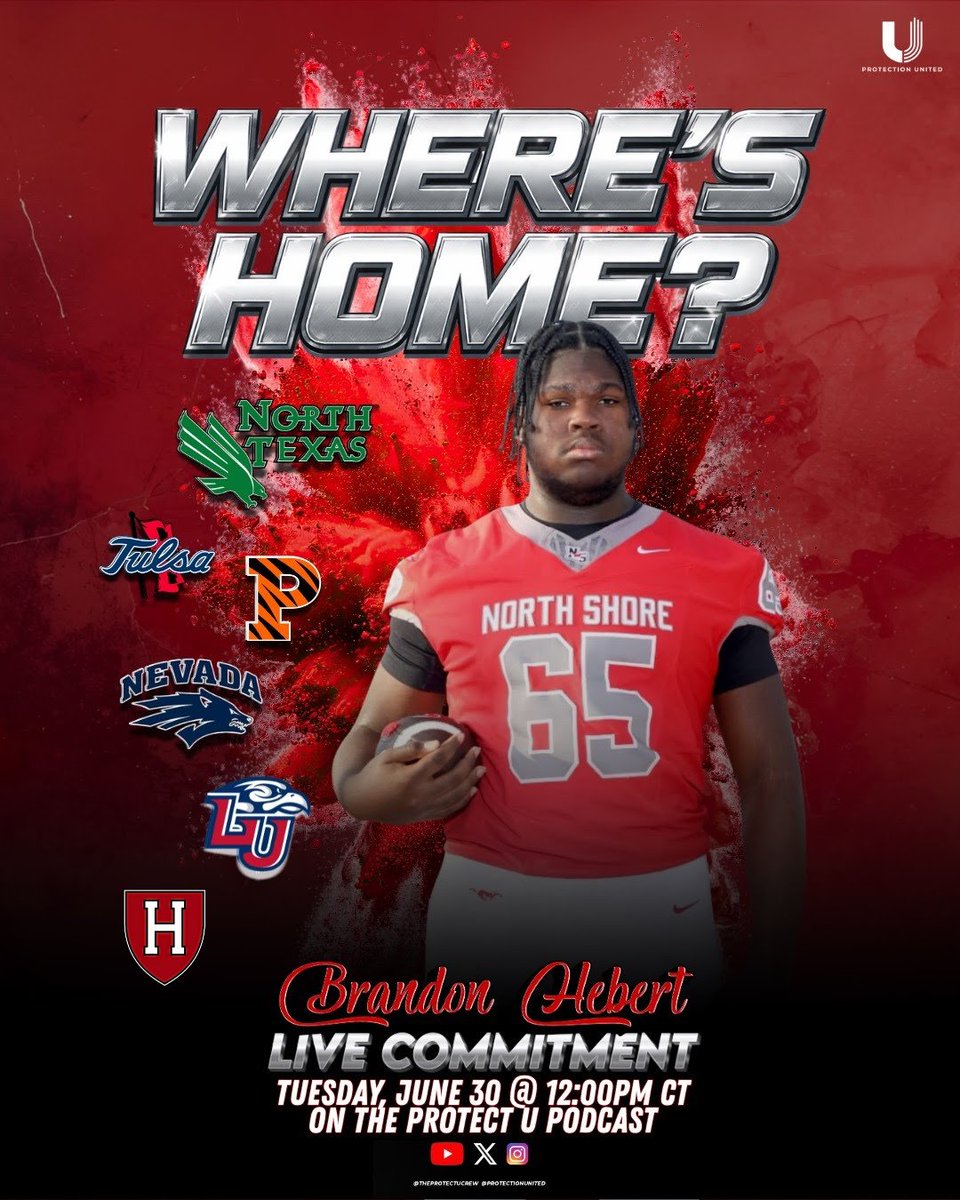 Brandon_Hebert3's tweet photo. Commitment announcement
🗓️30th |⏰12 PM
Live on the ProtectU YouTube channel https://t.co/DpOiWjYk25
@TheProtectUCrew @MickensJay @TheJakeWilis @CoachHerridge @247Sports @RecruitEastside @PrincetonFTBL @TulsaFootball @MeanGreenFB @HarvardFootball @NevadaFootball @LibertyFootball https://t.co/Z24Syg5vsv