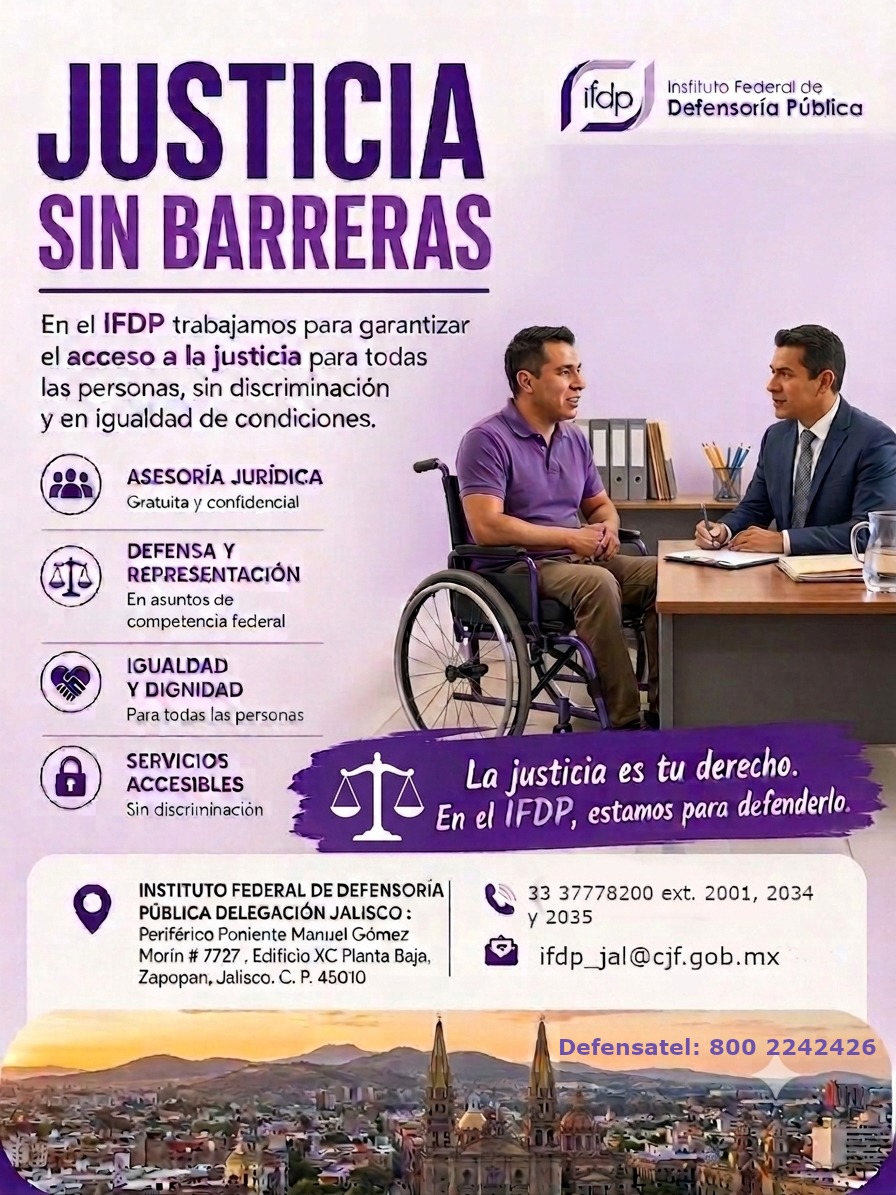 IFDPJalisco's tweet photo. En el IFDP, Delegación Jalisco, te brindamos asesoría y representación jurídica gratuita en asuntos de competencia federal, con un compromiso firme con los derechos humanos y el acceso efectivo a la justicia.
Si necesitas orientación, comunicate.
📞 Defensatel 800 224 2426. https://t.co/xsgjIqon81
