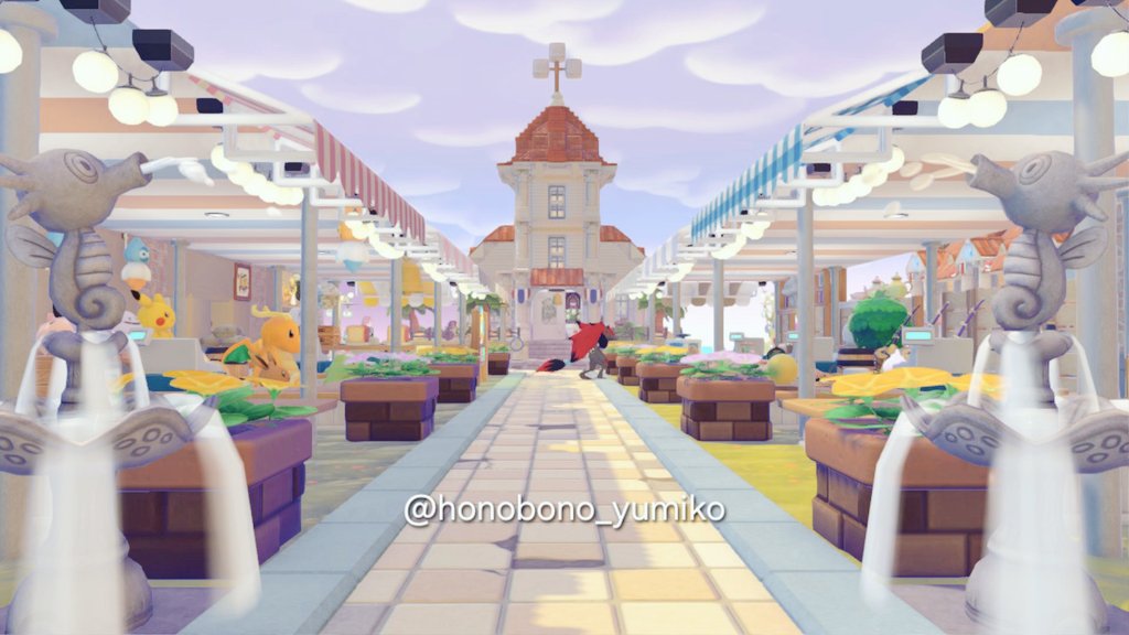 honobono_yumiko's tweet photo. 露店通りの入り口にタッツーふんすいを置いてみました⛲
高さ的に1マス掘って設置したのですが、そこに水をまいてから置くと、水源つぶれずにちゃんと噴水として機能するんですね♪

海の街なので涼しげな通りになって大満足✨
 #ぽこポケ  #ぽこポケ写真部 https://t.co/45RCShtr5R