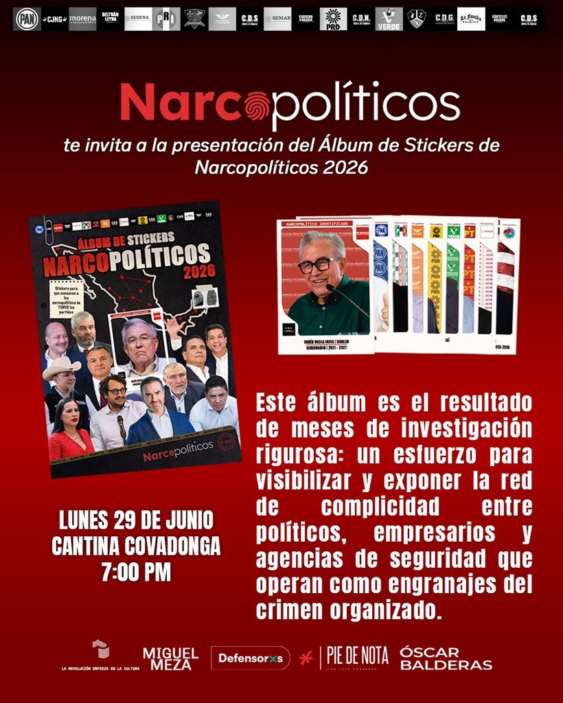 oscarbalmen's tweet photo. Hoy @narcopoliticos_ presenta el Álbum de Stickers de Narcopolíticos. Algo así como el Panini del Mundial, pero en versión criminal.

Nos encantará verlos a las 19:00 en Covadonga, ubicado en Puebla 121, colonia Roma Norte. Vengan a pegar estampitas. https://t.co/Fht0qUsJSK