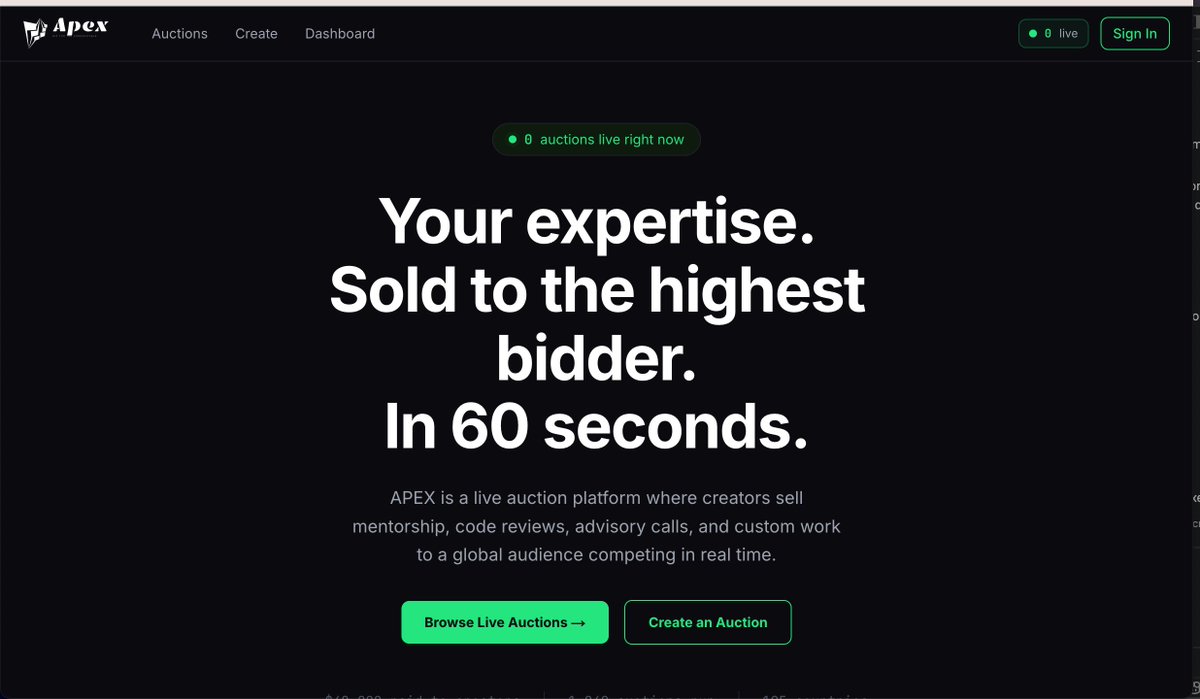 PTSDSTILL's tweet photo. Hello, Built APEX  a real-time experience auction platform powered by v0, Vercel, and Amazon Aurora DSQL.

Created for the purposes of entering the Vercel + v0 + AWS Databases Hackathon.

#H0Hackathon https://t.co/9elWIxHZii