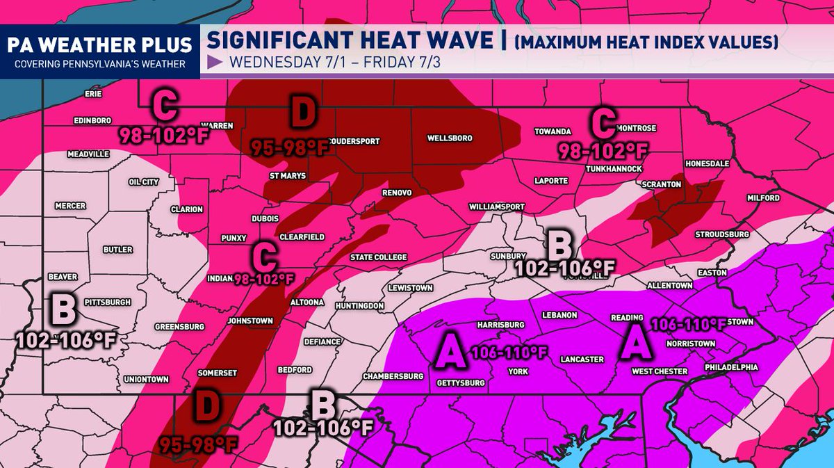 PAWeatherPlus's tweet photo. ** INCOMING SIGNIFICANT PENNSYLVANIA HEAT WAVE **

While the temperatures will be high, it is the humidity that will be the driving factor of this upcoming heat wave. High temperatures in the 90s to lower 100s combined with dew points in the upper 60s to mid 70s will allow for maximum heat index values to rise into the 100s, up to as high as 110 for some areas, making those without A/C and cooling methods at high risk (especially the young and old). If you are at risk for heat illness, it is crucial to take this upcoming heat very seriously. 

AREA A: Extreme long-duration heat expected with no to little overnight relief. Maximum heat index values will rise to between 106°F and 110°F  all three afternoons. Overnight low temperatures may only drop to the mid-70s, and in some cases, the low-80s, especially in highly urbanized regions.

AREA B: Long-duration heat expected with minimal overnight relief. Maximum heat index values will rise to between 102°F and 106°F all three afternoons. Overnight temperatures will be in the low-to-mid 70s.

AREA C: Abnormal long-duration heat expected. Maximum heat index values will rise to between 98°F and 102°F all three afternoons, with localized spots up to 104°F. Overnight temperatures will be in the low-to-mid 70s.

AREA D: While escaping the 'worst' of the heat, these areas will be quite hot as well. Maximum heat index values will rise to between 95°F and 98°F all three afternoons, with localized spots up to 100°F. Overnight temperatures will be in the low 70s. 

⚠️➡️Now is the time to prepare for the upcoming heat and humidity. Make sure your AC is ready, check on vulnerable neighbors, and take normal heat precautions. If you don’t have air conditioning, look into local cooling centers or other places to stay cool during the hottest parts of the day (shopping centers). Overnight relief will be limited, with warm and humid conditions continuing. Increased power demand is possible, so having a backup plan is always a good idea in the case of a power outage. 

Stay safe, stay tuned, and stay cool! #PAwx #Pennsylvania #HeatWave #July