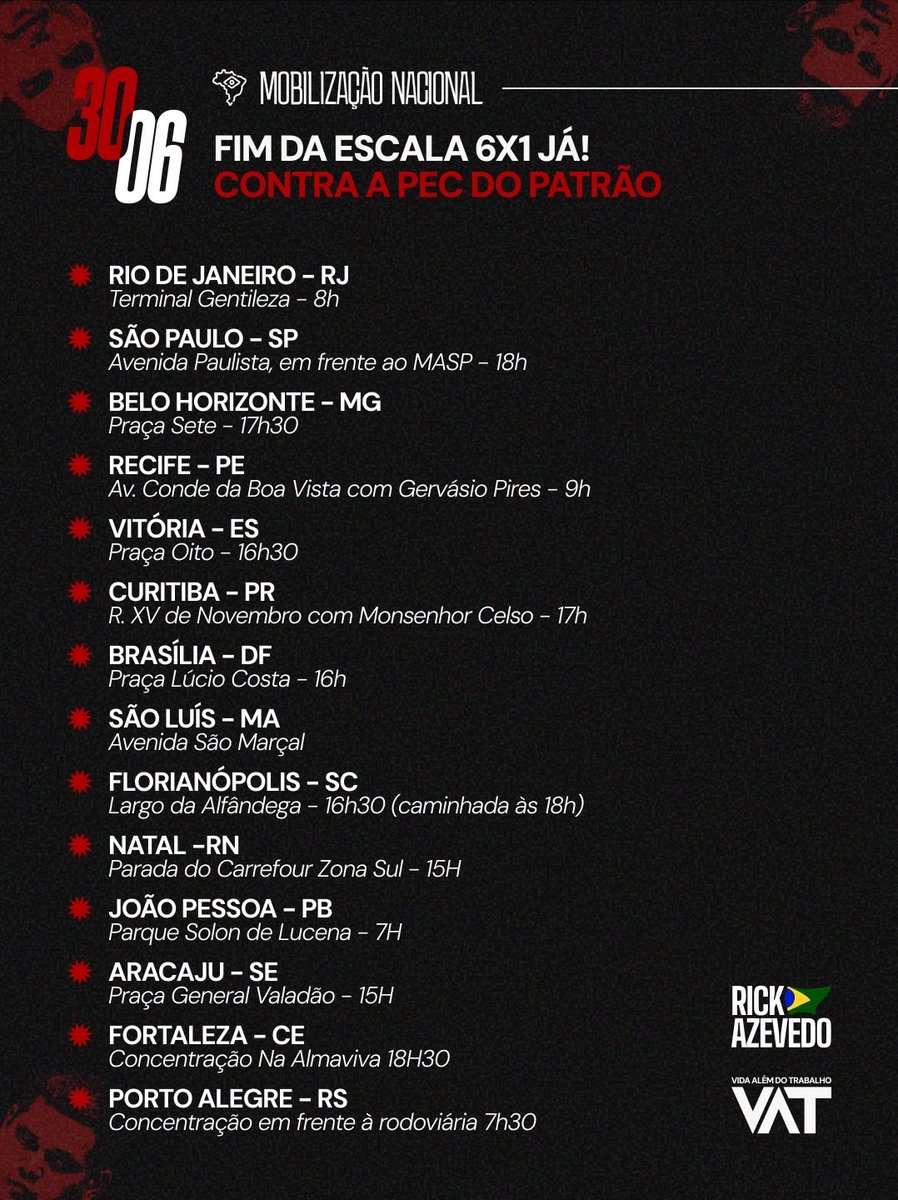 rickazzevedo's tweet photo. Amanhã é dia de mais LUTA! Estaremos nas ruas em todo o país exigindo que o Senado de Davi Alcolumbre destrave a PEC do FIM DA ESCALA 6X1 URGENTE! Em clima de vitória da seleção, vamos atrás da vitória da classe trabalhadora! PRA CIMA! https://t.co/g3dq3A1cTQ