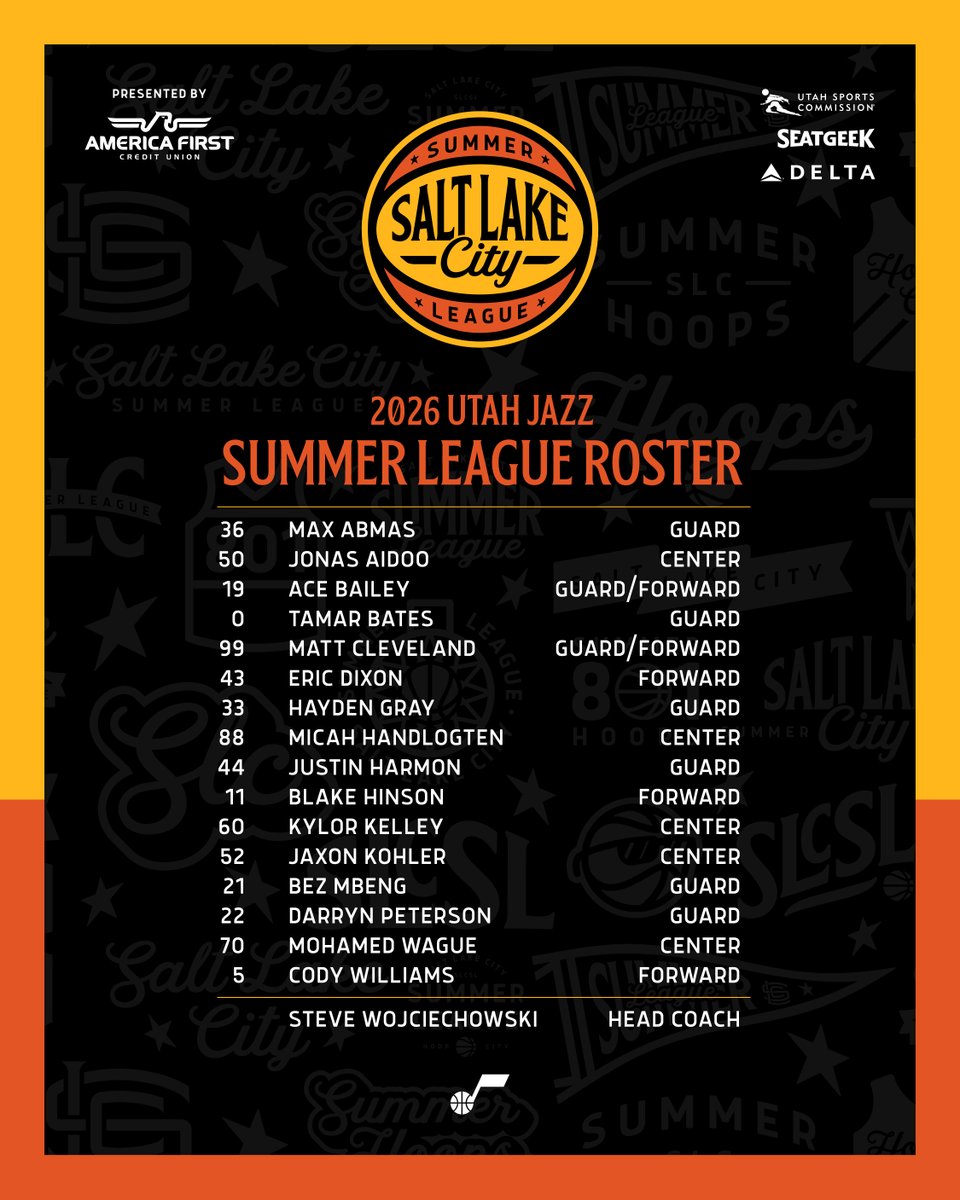 utahjazz's tweet photo. our SLC Summer League roster is 𝐇𝐄𝐑𝐄! 😎

still need tickets? grab yours today 🎟️ | https://t.co/cgDUDZ2Fo8

#TakeNote | @AFCU https://t.co/LnoTYrFnKD