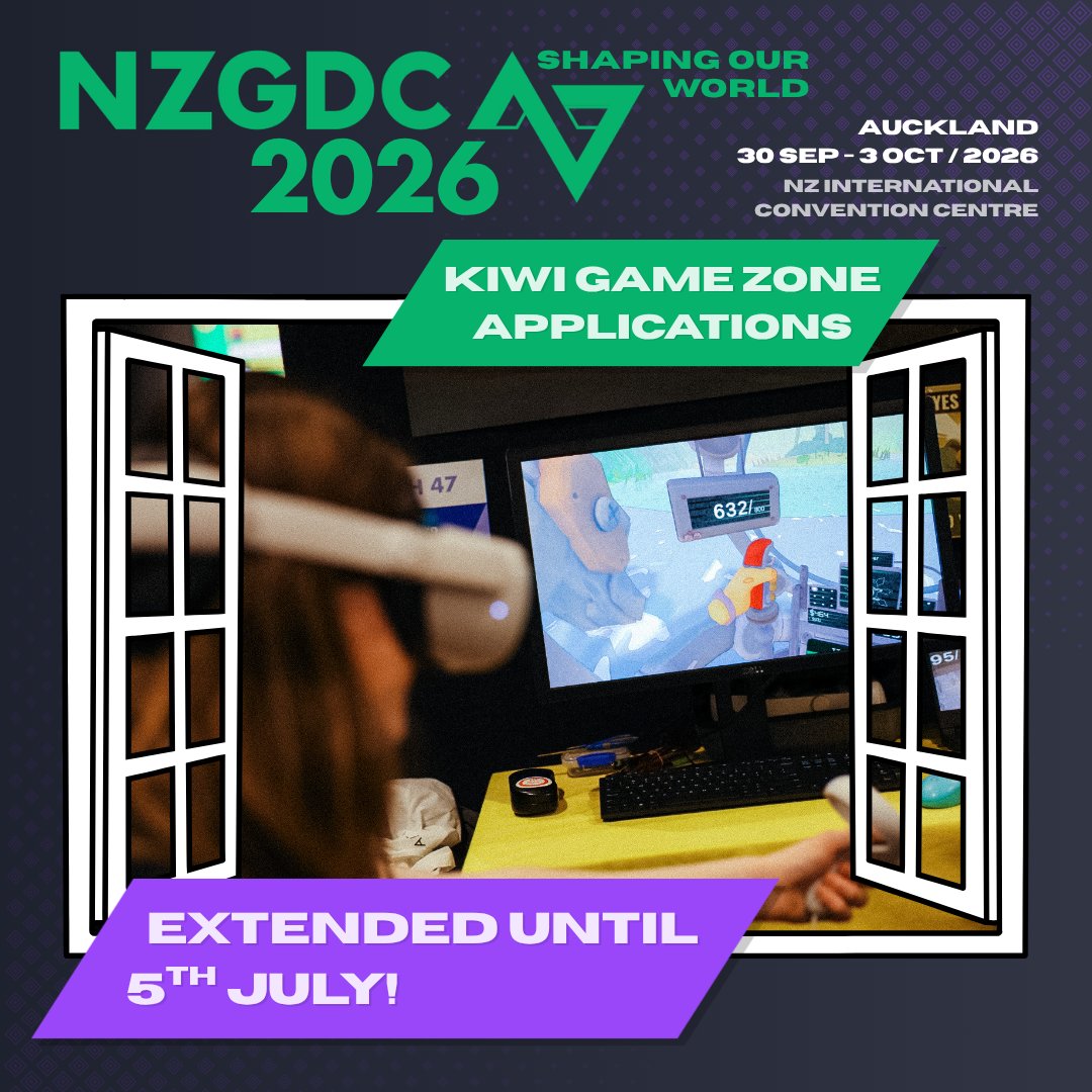 nzgda's tweet photo. We are excited to share that we have extended the NZGDC 2026 Kiwi Game Zone application period out to July 5th! 🕹️🌏 There are some AMAZING applications coming in and we are so happy seeing such passion already - keep them coming! 📍 Link in bio for more. https://t.co/fA6VpnTUK4