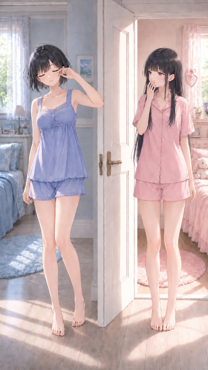 Rui_tired's tweet photo. They’re still half-asleep, 
but we’re off now.

彼女らはまだ寝起きですが、
行ってきます。 

"Sleepy Sisters"
"寝起きの姉妹"

左: 姉のるか Left: Ruka, the older sister
右: 妹の結衣 Right: Yui, the younger sister

#AIart #OC #Sister #AIイラスト #オリキャラ https://t.co/am8cp3OygQ