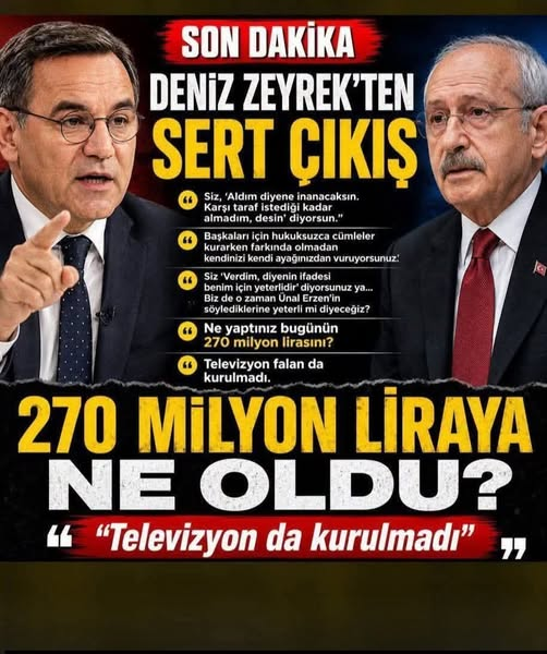 DeSeteneya's tweet photo. Arın bakalım kayyum kemaaal...

Deniz Zeyrek'ten şok iddia:

"Kılıçdaroğlu, TV kurmak için Erdoğan Toprak ile birlikte CHP'li belediye başkanlarından para toplamış.

Eski Belediye Başkanı Ünal Erzen, oğlunun düğün takılarını bozdurup vermiş. Sizin mantığınıza göre, adam verdim diyor."

#DipteyizSondayızAçız