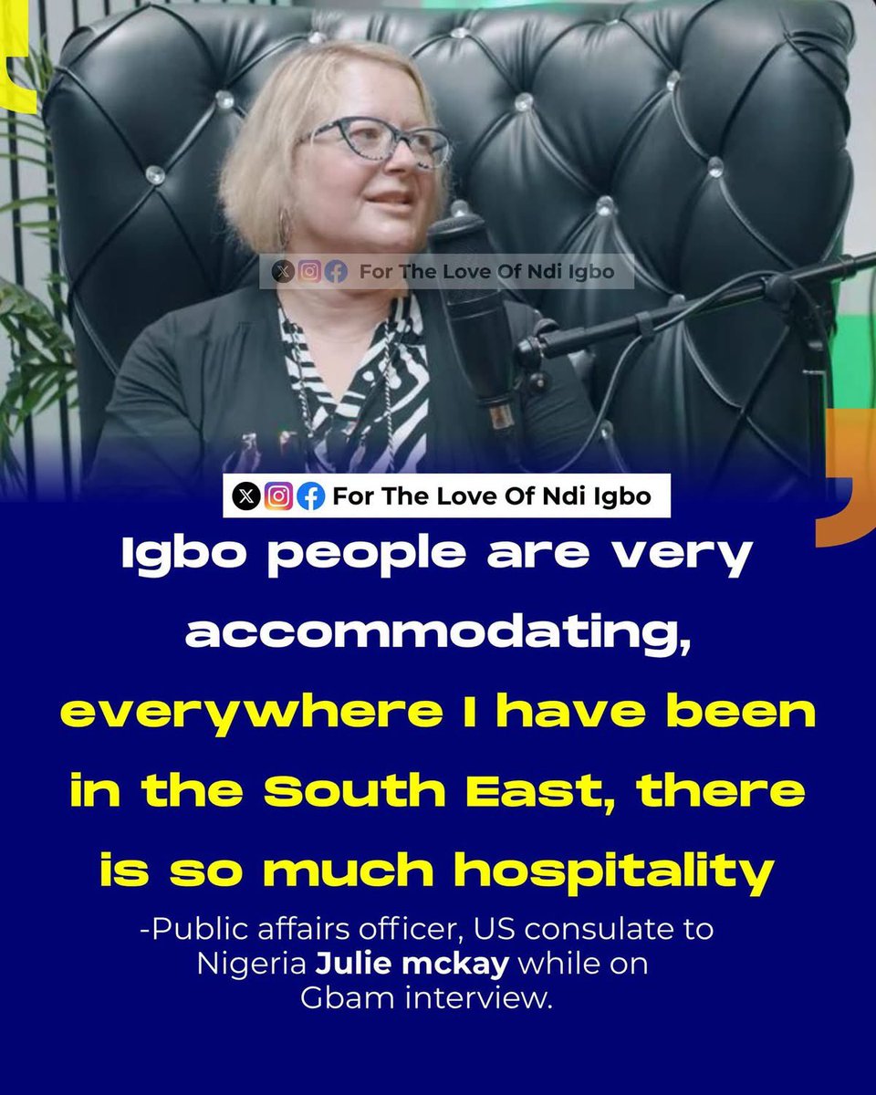 IfeomaIgbotic's tweet photo. Igbo people are very accommodating,
everywhere I have been in the south East, there is so much hospitality

~ Public affairs officer, US consulate to
Nigeria Julie mckay while on Gbam interview. https://t.co/AdJaTphOYV