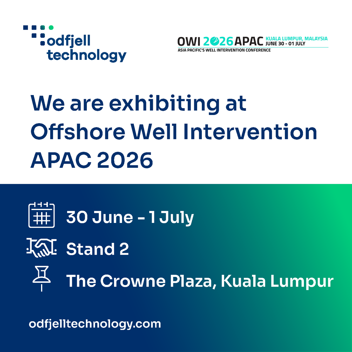 odfjelltech's tweet photo. 📣 Odfjell Technology will be exhibiting at the Offshore Well Intervention Asia Pacific Conference 2026

🗓️ 30 June – 1 July 2026
📍 Stand 2 | The Crowne Plaza, Kuala Lumpur, Malaysia https://t.co/2pvLWdMO2V