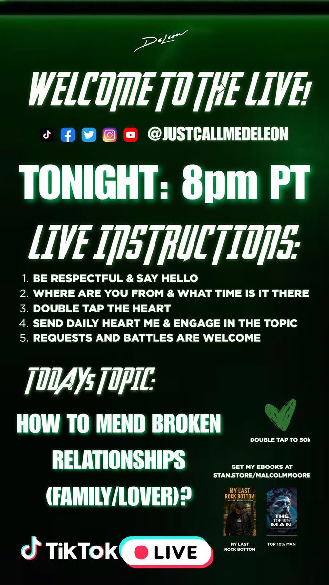 callmedeleon's tweet photo. We’re LIVE tonight at 8:00 PM PST on TikTok!
Pull up to @justcallmedeleon for real conversations, value, and answers to your questions. Hit the reminder so you don’t miss it. See you at 8. 🔥
#TikTokLive #LiveTonight #fyp #live #justcallmedeleon https://t.co/5ByaST68r6