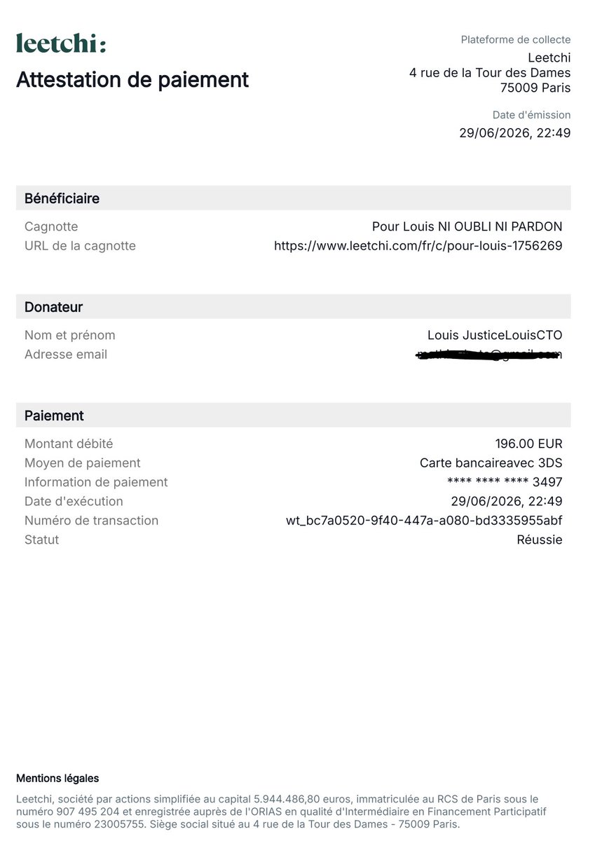 JusticelouisCTO's tweet photo. 4th day of mobilization, 
3rd donation !

We proudly just donated 196€ more for Louis' funerals.

Total donated is now 4828€
Proof of payment below.

Tomorrow we will reach the 5K$ milestone.

We helped to organize official Leetchi fundraiser for the family and now 676 people donated after us.

Thanks to all of you for trusting us !

#JusticeForLouis