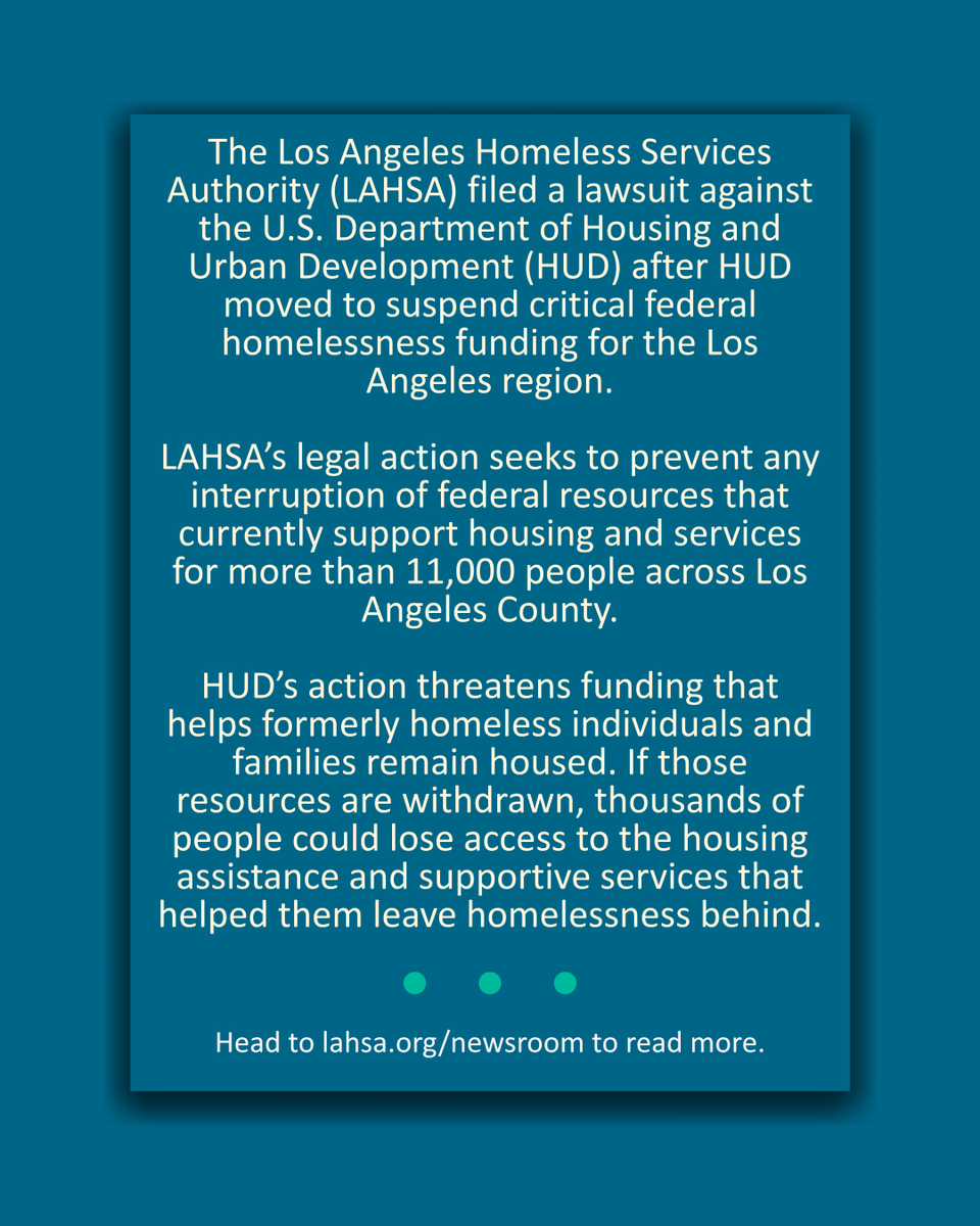 LAHomeless's tweet photo. “We must do everything in our power to ensure those funds continue reaching the people who rely on them.” These words from LAHSA’s interim CEO reflect what is at stake as the U.S. Department of Housing and Urban Development (HUD) moves to suspend critical federal homelessness... https://t.co/24uHKXlYOO