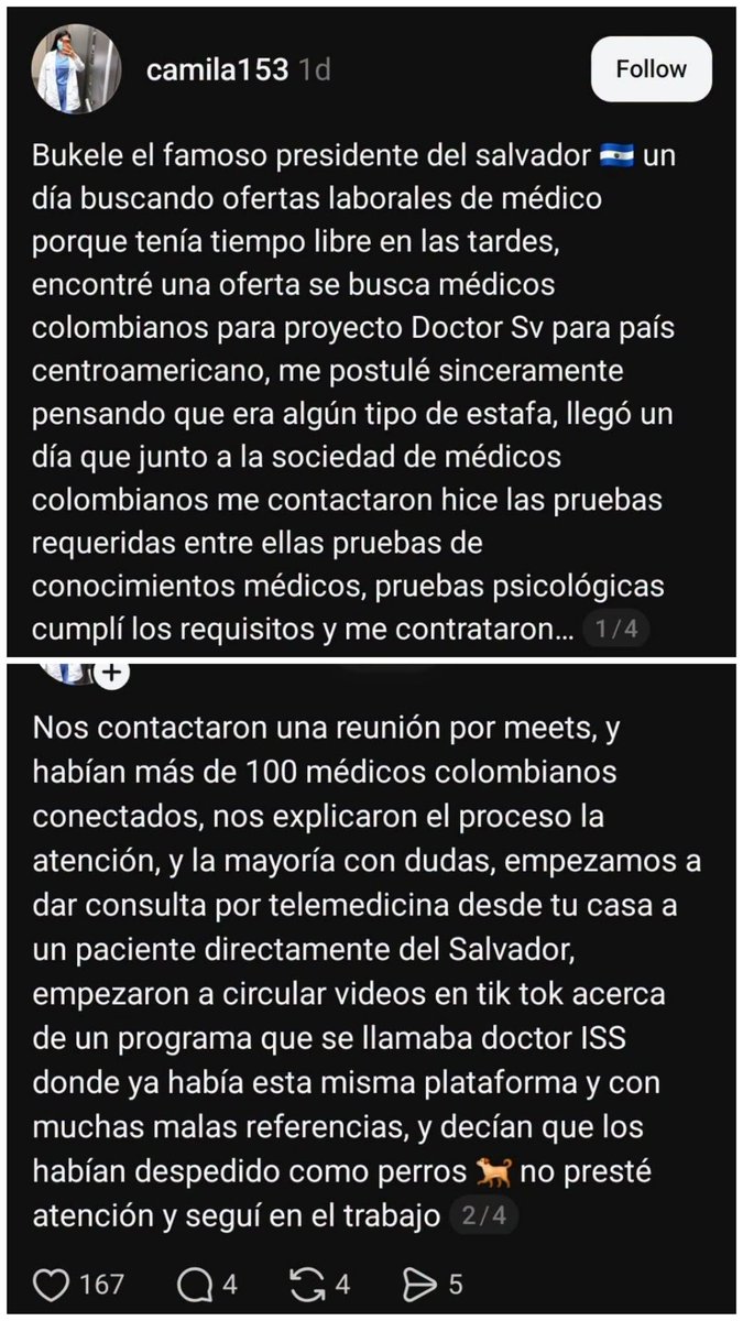 ElTrompudo2022's tweet photo. 🚨 Una médica colombiana afirma haber trabajado de manera remota para DoctorSV @doctorsvapp, atendiendo a pacientes salvadoreños. 

👉 Sospecha que los del gobierno  de #Bukele robaron identidades de ella y otros médicos colombianos para crear falsos perfiles con inteligencia artificial y usarlos para  responder a pacientes salvadoreños.

Según su testimonio, fue contratada junto a decenas de colegas colombianos y posteriormente desvinculada. La publicación ha sido realizada también desde su perfil personal. Este testimonio coincide con información que desde hace tiempo circula dentro del gremio sobre la participación de médicos extranjeros en el programa

Hemos verificado la existencia de un documento de terminación contractual. Se han ocultado datos personales para proteger la privacidad de las personas involucradas.

Vía El Dactar
@solano_leiva