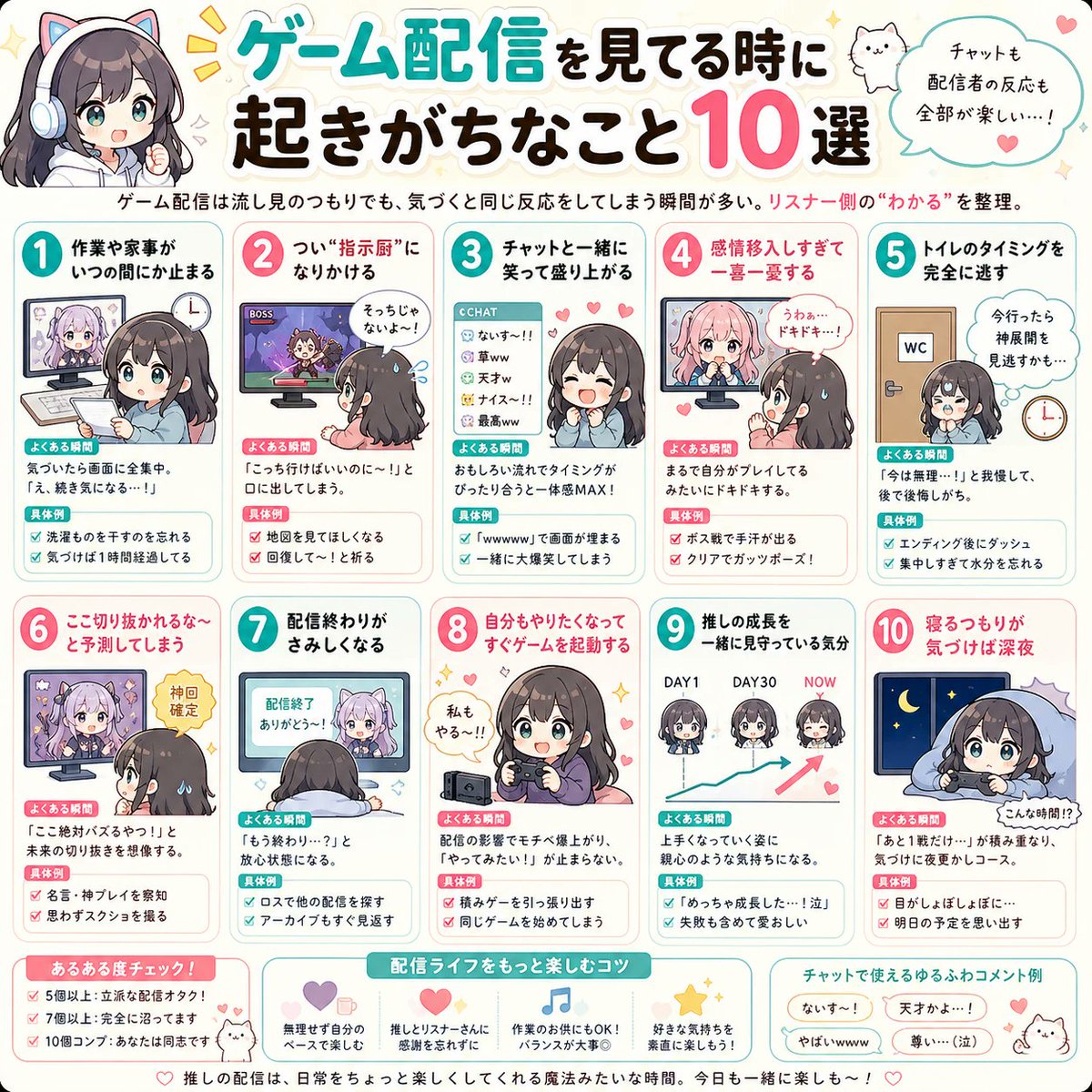gameask_me's tweet photo. 配信あるあるまとめ📺

よくある悩みを知っておくと、自分の配信を冷静に見直しやすくなるよ〜 https://t.co/cZo9ab5RQM