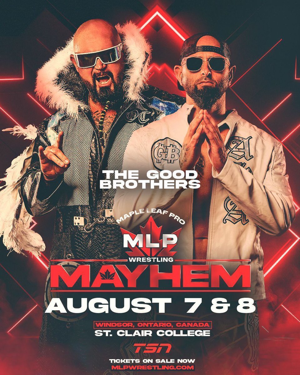 MapleLeafPW's tweet photo. The Good Brothers are coming to the MLP Mayhem TV Tapings August 7-8 in Windsor, Ontario! 

What will inaugural MLP Tag Team Champions @The_BigLG & @machinegunka have in store as they head back to MLP!? Find out by getting your tickets to the event now!

🎟️: https://t.co/JiknBhBGWI