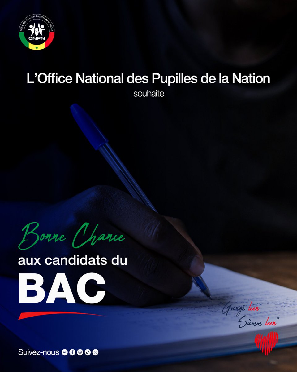 onpn_sn's tweet photo. Bonne chance à tous nos Pupilles candidats au baccalauréat !

Toute l’équipe de l’ONPN vous adresse ses encouragements les plus sincères. Donnez le meilleur de vous-mêmes, gardez confiance et visez l’excellence.

Plein succès à chacune et à chacun ! https://t.co/bUP8JFdML0