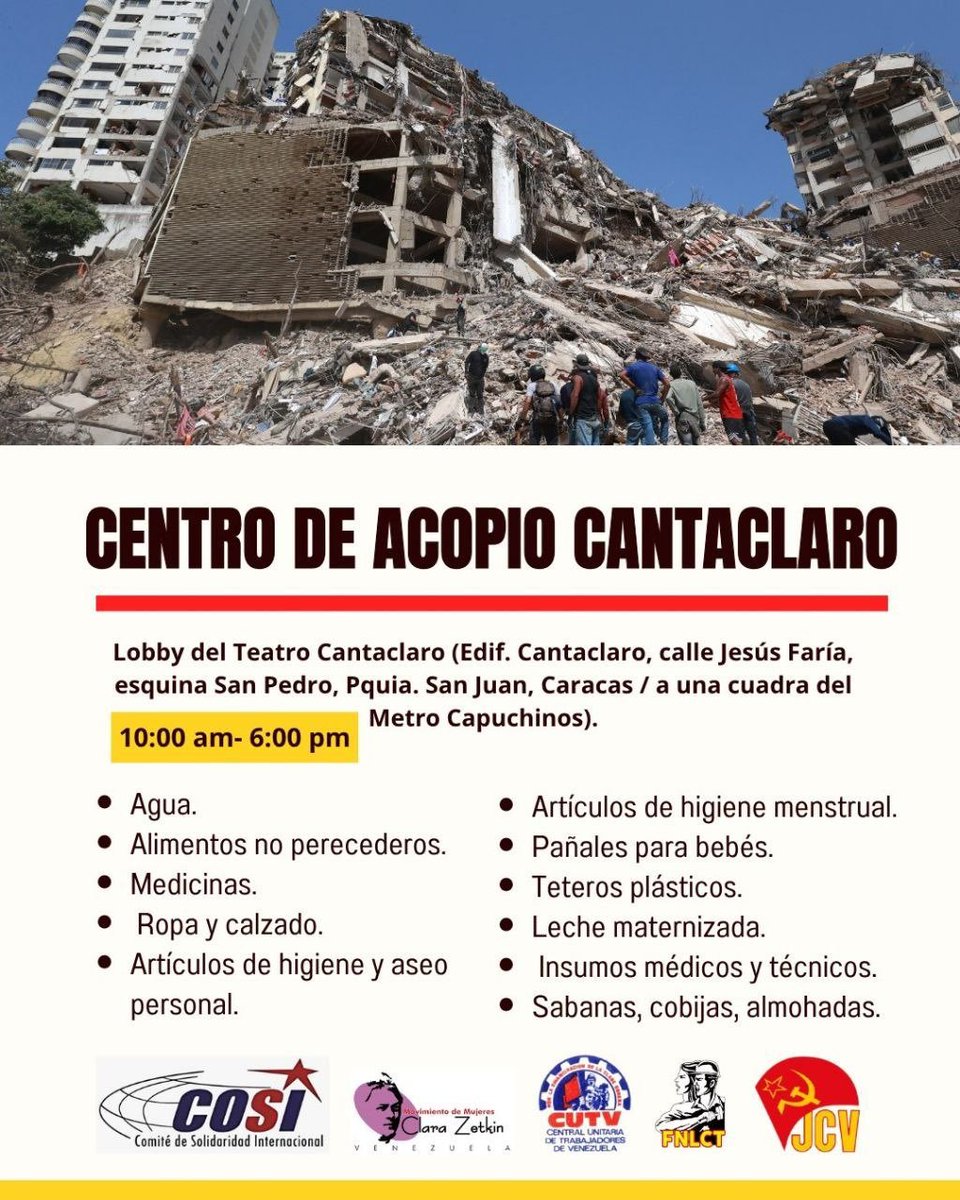 JudithArtesana's tweet photo. 🚨| Si deseas colaborar con los afectados por el terremoto en Venezuela, puedes dirigirte al Centro de Acopio Cantaclaro, ubicado en la Avenida Oeste 18 de Caracas (Distrito Capital). https://t.co/N3qnN7S3tV