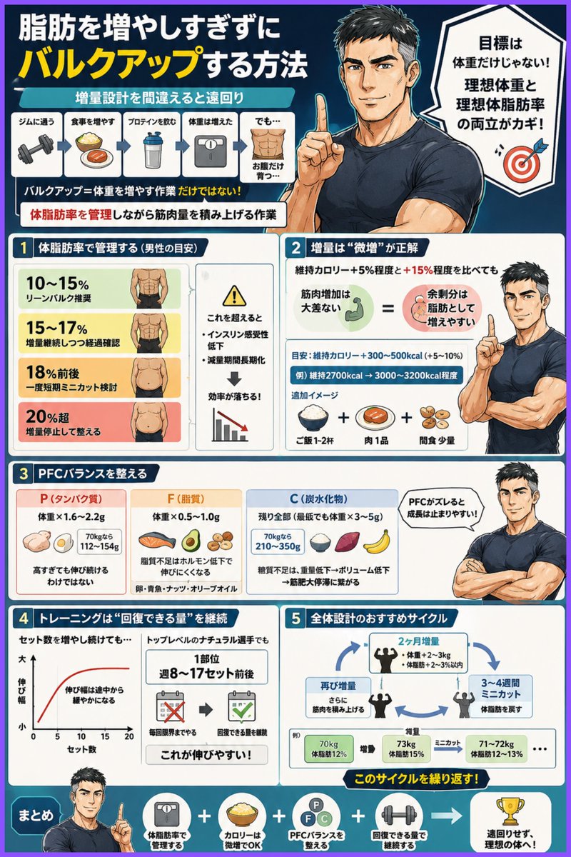 ken_restart's tweet photo. 脂肪を増やしすぎずにバルクアップする方法
｜増量設計を間違えると遠回り

ジムに通う。
食事も増やす。
プロテインも飲む。
体重は増えた。
なのに胸や背中より先に、お腹だけ育つ。

筋トレしている人なら一度は経験すると思います。
ここで知っておきたいのは、
バルクアップ＝体重を増やす作業
だけではないということ。

正しくは、
「体脂肪率を管理しながら筋肉量を積み上げる作業」
です。

ここを外すと、
増量半年→減量半年みたいな遠回りになります。

まず前提。
体脂肪を増やさず筋肉だけ増やす。
これはナチュラルでは現実的ではありません。

筋肉を増やす以上、
多少の脂肪増加は受け入れる必要があります。

大事なのは、
脂肪を許容範囲でコントロールすること。
おすすめは体脂肪率を基準にした段階管理。

■男性の目安
体脂肪率10〜15％
→ リーンバルク推奨

体脂肪率15〜17％
→ 増量継続しつつ経過確認

体脂肪率18％前後
→ 一度短期ミニカット検討

体脂肪率20％超
→ 増量停止して整える

ここを超えると、
インスリン感受性低下や減量期間長期化で
効率が落ちやすくなります。

次に増量の最大の勘違い。
「たくさん食べれば筋肉が早く増える」

維持カロリー＋5％程度と＋15％程度を比較しても、
筋肉増加は大差なく、余剰分は脂肪として
増えやすい傾向が報告されています。

だから増量は爆食ではなく微増。
目安は、維持カロリー＋300〜500kcal
または＋5〜10％

例）
維持2700kcal
→3000〜3200kcal程度
追加イメージ。
・ご飯1〜2杯
・肉1品
・間食少量
これくらい。

次はPFC。ここも意外とズレやすい。

P（タンパク質）
体重×1.6〜2.2g
70kgなら
112〜154g
高すぎても伸び続けるわけではありません。

F（脂質）
体重×0.5〜1.0g
脂質不足はホルモン低下で伸びにくくなる。
卵、青魚、ナッツ、オリーブオイル。

C（炭水化物）
残り全部。
最低でも体重×3〜5g。
70kgなら210〜350g。

糖質不足は、重量低下
↓
ボリューム低下
↓
筋肥大停滞に繋がります。

そしてトレーニング。
セット数を増やし続ける人も多いですが、

最新レビューでは伸び幅は途中からかなり
緩やかになります。

トップレベルのナチュラル選手でも、
1部位週8〜17セット前後。
毎回限界までやるより、回復できる量を継続。
これが伸びやすい。

最後に全体設計。
おすすめは、
■2ヶ月増量
体重＋2〜3kg
体脂肪＋2〜3％以内
↓
■3〜4週間ミニカット
体脂肪を戻す
↓
再び増量

例）
70kg 体脂肪12％
↓増量
73kg 体脂肪15％
↓ミニカット
71〜72kg 体脂肪12〜13％
↓
再増量
これを繰り返す。

目標は体重だけじゃなく。
「理想体重」と「理想体脂肪率」
この2つをセットで決める。

その数字から逆算して、
増やす期間と整える期間を作る。

これが、遠回りせず
体を変えていくバルクアップです💪🔥