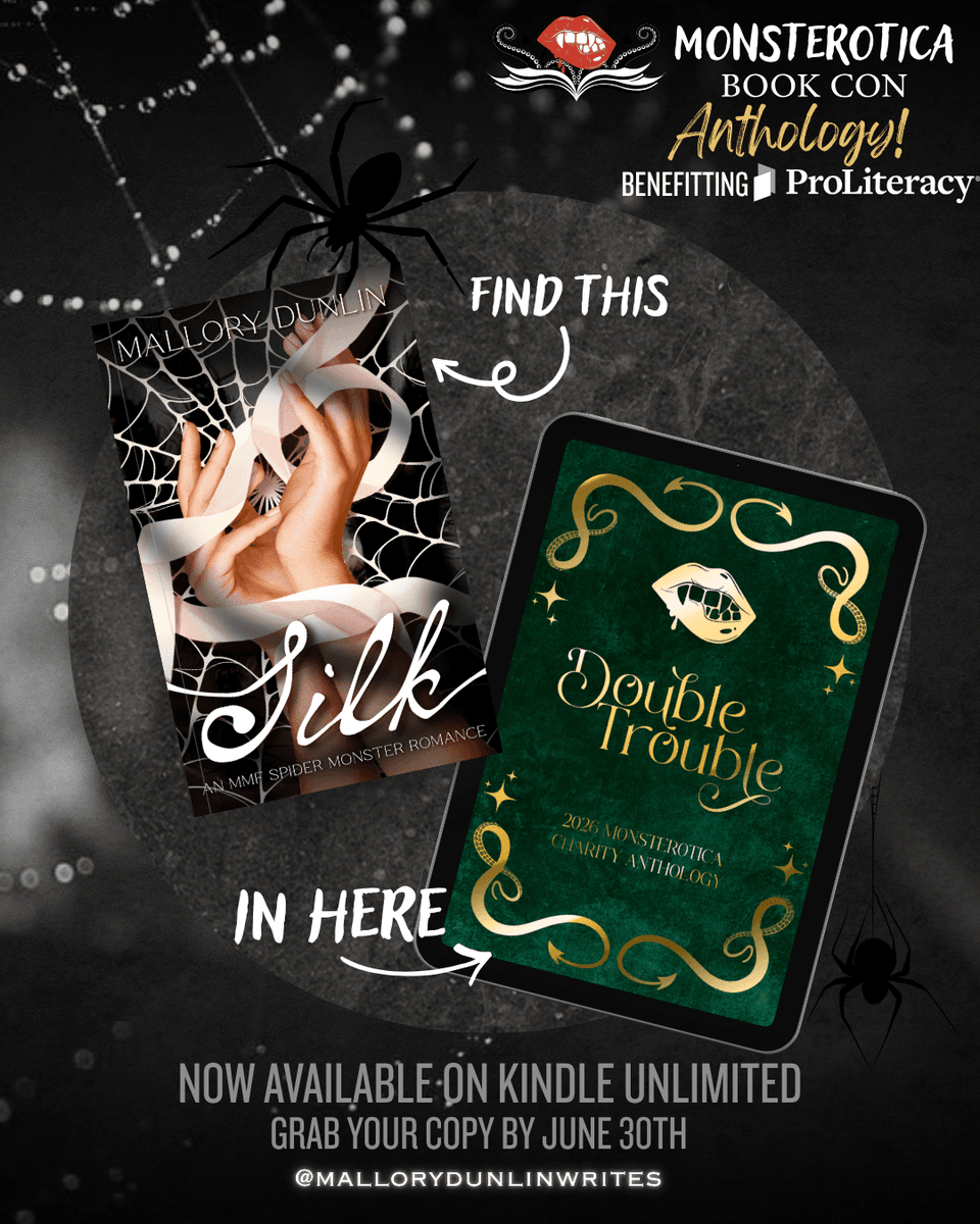 MalloryDunlin's tweet photo. Last call to grab the Monsterotica Book Con Anthology, 𝑫𝒐𝒖𝒃𝒍𝒆 𝑻𝒓𝒐𝒖𝒃𝒍𝒆!

My story, 𝑺𝒊𝒍𝒌, is an MMF arranged romance between a human woman and two spider-like males 😏 You can now grab your copy on Kindle Unlimited and Amazon! 

#romancereads #monsterromance https://t.co/UDWS5JcZBJ