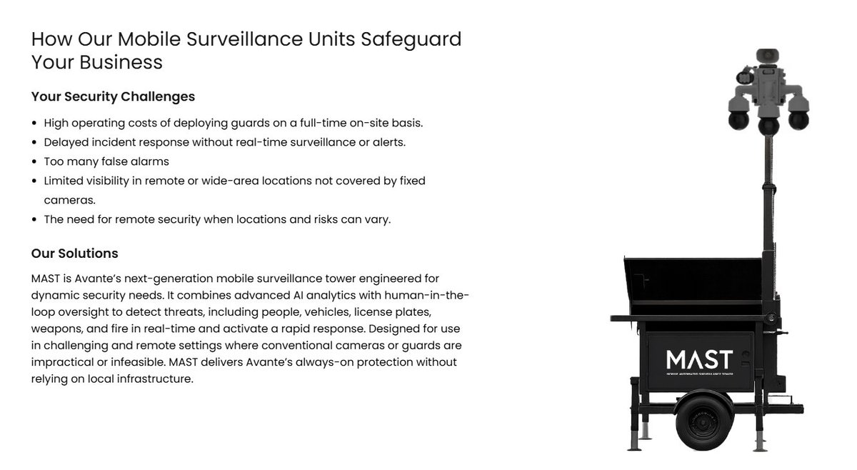 WestCapGrp's tweet photo. $XX.V Avante announces its first major commercial agreement for MAST, with Target Park Group, which has 700+ parking locations across Canada and the U.S.

MAST will serve as the primary security layer across select above-ground lots, with potential future modules including vehicle ID, real-time lot monitoring and customer access.

Even at 100 locations, assuming only $2,500/month per unit before any technology add-ons, that would equal $3M of annual recurring revenue. More importantly, this gives real commercial validation to management’s bullish outlook for MAST.

https://t.co/h5sCgEzp3q