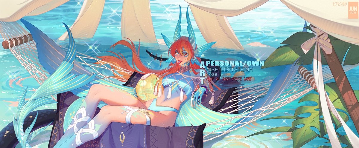 Nise_Loftsteinn's tweet photo. Cool off! 
-- 
My fenni Danyi having the best time at "Heaven's rest", a paradise resort with hammocks hanging above the water! 
Done for the summer event for my closed species @fennkind https://t.co/c2ESn6Ru3J