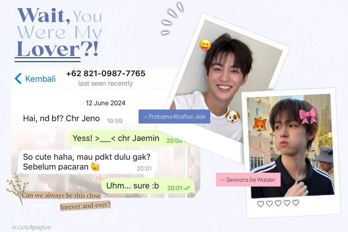 ccielpages's tweet photo. ©ccielpages
a #keonhyeon au
𝗪𝗮𝗶𝘁, You Were My 𝗟𝗼𝘃𝗲𝗿?!

Seonora (SH) sering membuka chat lama dengan pacar RP Telegram-nya yang menghilang tanpa pamit. Siapa sangka, orang yang selama ini ia kenang ternyata adalah kakak kelas di sekolah barunya, Khafian (KH) https://t.co/Ye7banOVBR