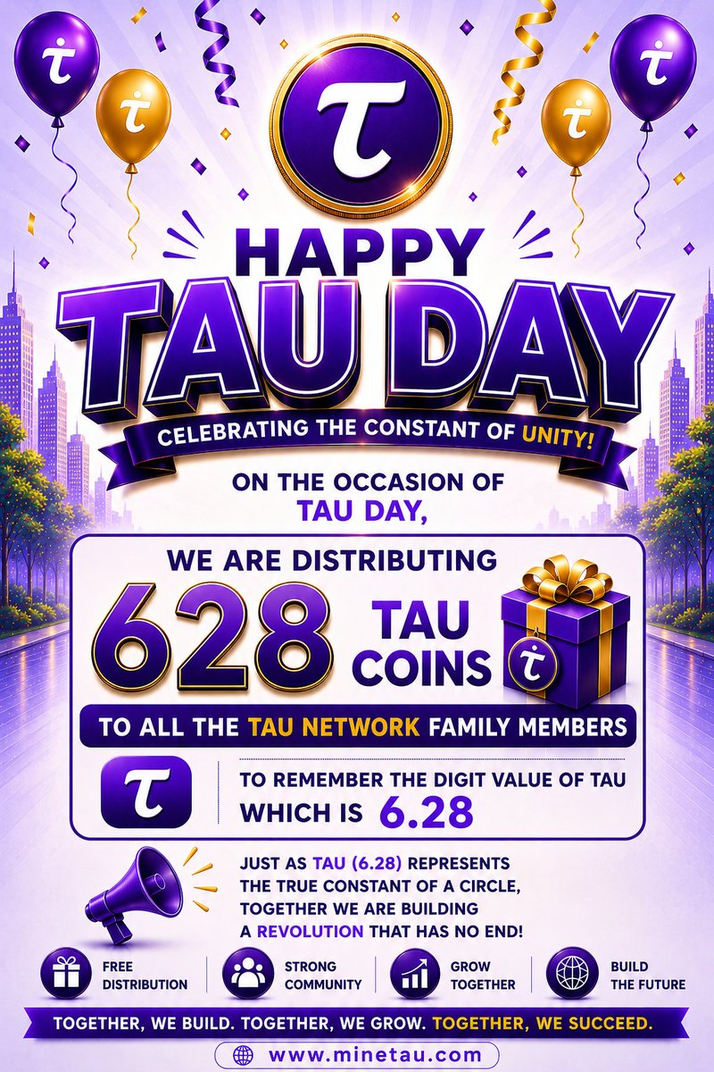 Tau_CoreTeam's tweet photo. 💜 Happy Tau Day! 💜

Today we celebrate τ (Tau) = 6.28, the mathematical constant that represents a complete circle in its most natural form.

To mark this special occasion, we are distributing 628 Tau Coins to all the TAU Network Family Members. To remember the Digit Value of Tau which is 6.28

This celebration is about more than numbers—it's about unity, innovation, and the incredible community that continues to build the future together.

As τ = 2π, Tau provides a more natural way to describe a circle because it is based on the radius rather than the diameter. Many mathematicians consider Tau a more intuitive constant for understanding geometry.

🎁 Happy Tau Day to our amazing community!
💜 Thank you for your trust, dedication, and continued support.

Together, we build.
Together, we grow.
Together, we shape the future.

🌐 https://t.co/t17iclp860

#HappyTauDay #TauDay #Tau628 #TauNetwork #Mathematics #Innovation #Blockchain #TauFamily #Community #Future