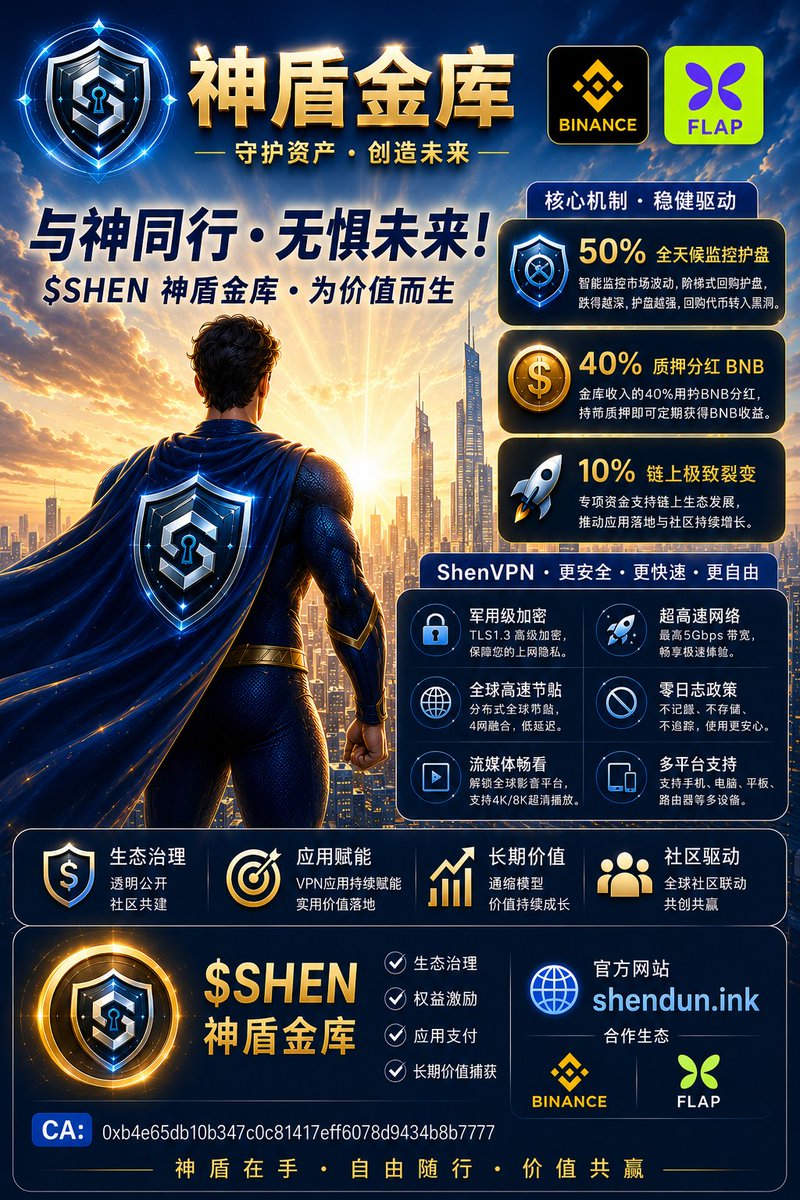 OGK927's tweet photo. 🛡️ 有人追逐热点，

有人创造价值。

而 $SHEN 神盾金库，
选择用机制与生态说话。🔥

✅ 50% 全天候监控护盘
💰 40% BNB 质押分红
🚀 10% 链上极致裂变

不仅如此，

🌐 ShenVPN 持续赋能生态，
真正实现应用落地与价值循环。

⚡ 军工级 TLS1.3 加密
⚡ 全球高速节点覆盖
⚡ 超高速网络体验
⚡ 零日志政策
⚡ 流媒体全面畅看

与神同行，无惧未来！☀️

为价值而生，
为长期而来。🛡️

$SHEN 神盾金库

🌐 官网：
https://t.co/R0EqdEr32n

🛡️ CA:
0xb4e65db10b347c0c81417eff6078d9434b8b7777