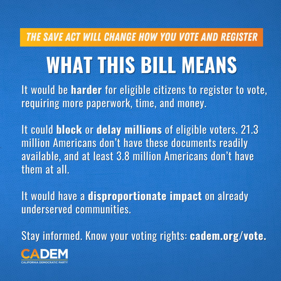 CA_Dem's tweet photo. Your right to vote is under threat. The SAVE America Act would create major barriers for millions of eligible voters, especially married voters, seniors, rural voters, and low-income communities.

Stay informed. Know your rights: https://t.co/7450S1Ewly https://t.co/3ZoFdrssxk
