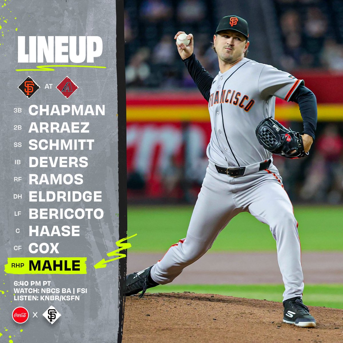 SFGiants's tweet photo. Back in the desert 🏜️

⌚️: 6:40 p.m. PT
📍: Phoenix, AZ
📺: @NBCSGiants
📻: @KNBR | KSFN

#SFGiants | @CocaCola https://t.co/cIii4LffLr