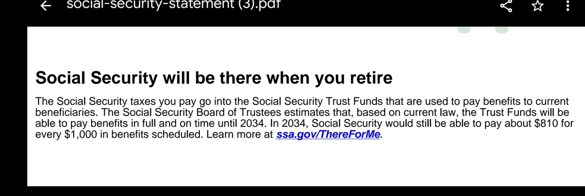 ChadV8880's tweet photo. @Real_JFK_Jr_ Meanwhile, this is on the bottom of page 3 of your Social Security annual statement. Starting in 2034, for every $1000 that you're owed you will get $810. What will it be in 2045 if we keep giving to those that never paid in? https://t.co/MmsBKOkNbj