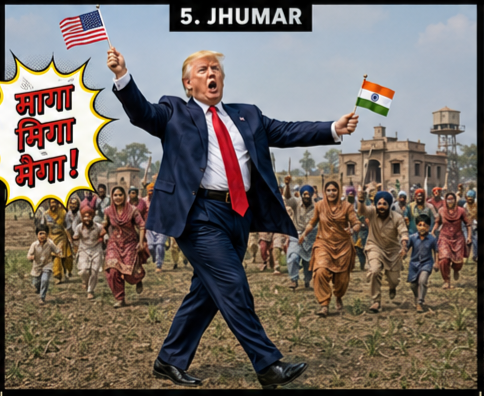SmartLimits's tweet photo. POTUS Donald Trump dances in #bhangra poses (bounce, 1-legged bnc, shoulder shrug, dhamaal, jhumar, chaffe) in Punjab fields at https://t.co/8lPDuXpqo5 video promoting MAGA MIGA! He is in official attire, holds Indian, American flags. 😎 No cryptic intelligence, only AI inspired. https://t.co/yy2LgqGGk9