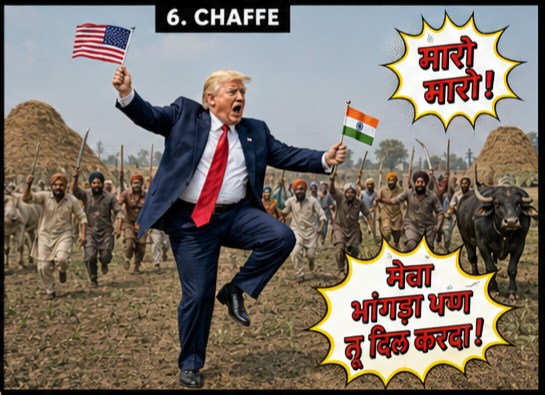 SmartLimits's tweet photo. POTUS Donald Trump dances in #bhangra poses (bounce, 1-legged bnc, shoulder shrug, dhamaal, jhumar, chaffe) in Punjab fields at https://t.co/8lPDuXpqo5 video promoting MAGA MIGA! He is in official attire, holds Indian, American flags. 😎 No cryptic intelligence, only AI inspired. https://t.co/yy2LgqGGk9