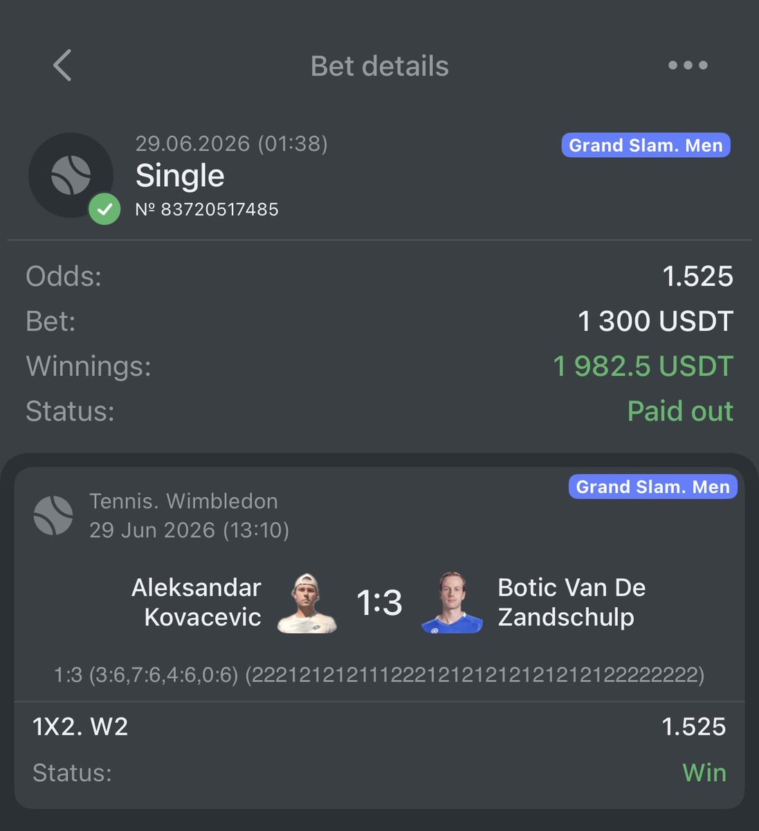 WinningCoupons's tweet photo. ✅ Bet Won!

#Aleksandar Kovacevic  🆚 #Botic Dan Zandschulp      

💵 Winnings: 1982 USD    

✅ #Afropari PROMO CODE: xfree
✅#Melbet PROMO CODE: xfree

(Sign up with this promo code and receive a 200% bonus on your first deposit!) https://t.co/KEMx9O2Mfd