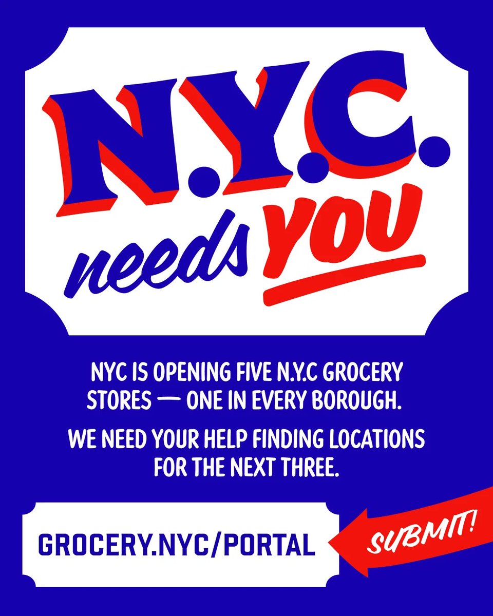 NYCMayor's tweet photo. NYC is opening city grocery stores in every borough — and we need the right spaces to make it happen.

If you own or know of a site in Brooklyn, Queens, or Staten Island, submit to the NYC Groceries Sites Portal by June 30: https://t.co/ovcyLePA9P https://t.co/2D1xUs3NW9