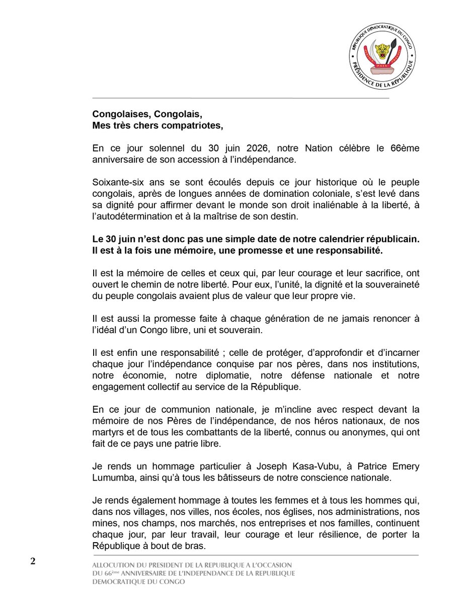 KayowaM's tweet photo. ALLOCUTION DE SON EXCELLENCE MONSIEUR FÉLIX-ANTOINE TSHISEKEDI TSHILOMBO, PRÉSIDENT DE LA RÉPUBLIQUE DÉMOCRATIQUE DU CONGO, À L’OCCASION DU 66ᵉ ANNIVERSAIRE DE L’INDÉPENDANCE DE LA RÉPUBLIQUE DÉMOCRATIQUE DU CONGO. https://t.co/8yYAPiCPm6