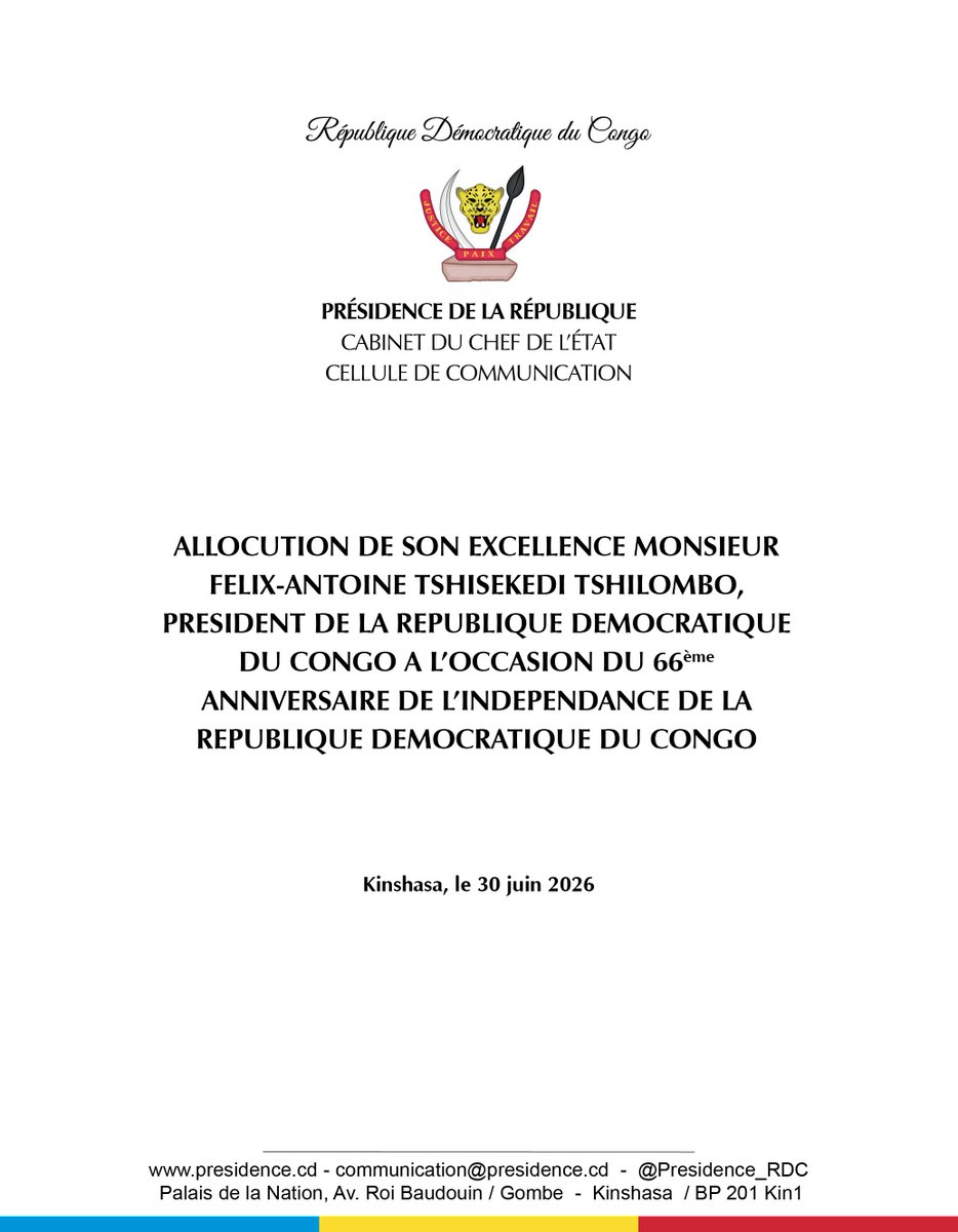 KayowaM's tweet photo. ALLOCUTION DE SON EXCELLENCE MONSIEUR FÉLIX-ANTOINE TSHISEKEDI TSHILOMBO, PRÉSIDENT DE LA RÉPUBLIQUE DÉMOCRATIQUE DU CONGO, À L’OCCASION DU 66ᵉ ANNIVERSAIRE DE L’INDÉPENDANCE DE LA RÉPUBLIQUE DÉMOCRATIQUE DU CONGO. https://t.co/8yYAPiCPm6