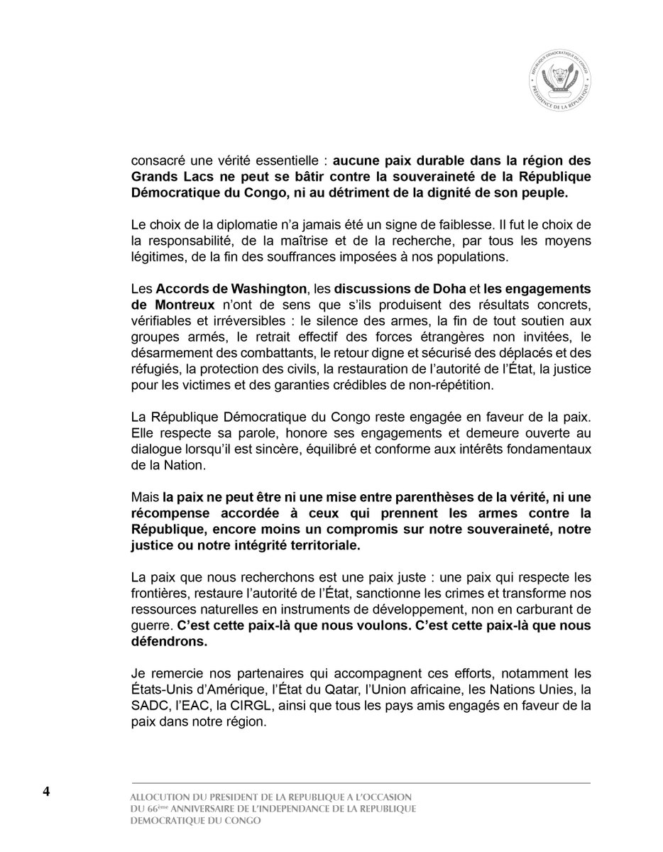 KayowaM's tweet photo. ALLOCUTION DE SON EXCELLENCE MONSIEUR FÉLIX-ANTOINE TSHISEKEDI TSHILOMBO, PRÉSIDENT DE LA RÉPUBLIQUE DÉMOCRATIQUE DU CONGO, À L’OCCASION DU 66ᵉ ANNIVERSAIRE DE L’INDÉPENDANCE DE LA RÉPUBLIQUE DÉMOCRATIQUE DU CONGO. https://t.co/8yYAPiCPm6