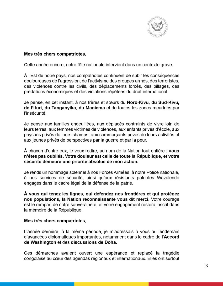 KayowaM's tweet photo. ALLOCUTION DE SON EXCELLENCE MONSIEUR FÉLIX-ANTOINE TSHISEKEDI TSHILOMBO, PRÉSIDENT DE LA RÉPUBLIQUE DÉMOCRATIQUE DU CONGO, À L’OCCASION DU 66ᵉ ANNIVERSAIRE DE L’INDÉPENDANCE DE LA RÉPUBLIQUE DÉMOCRATIQUE DU CONGO. https://t.co/8yYAPiCPm6