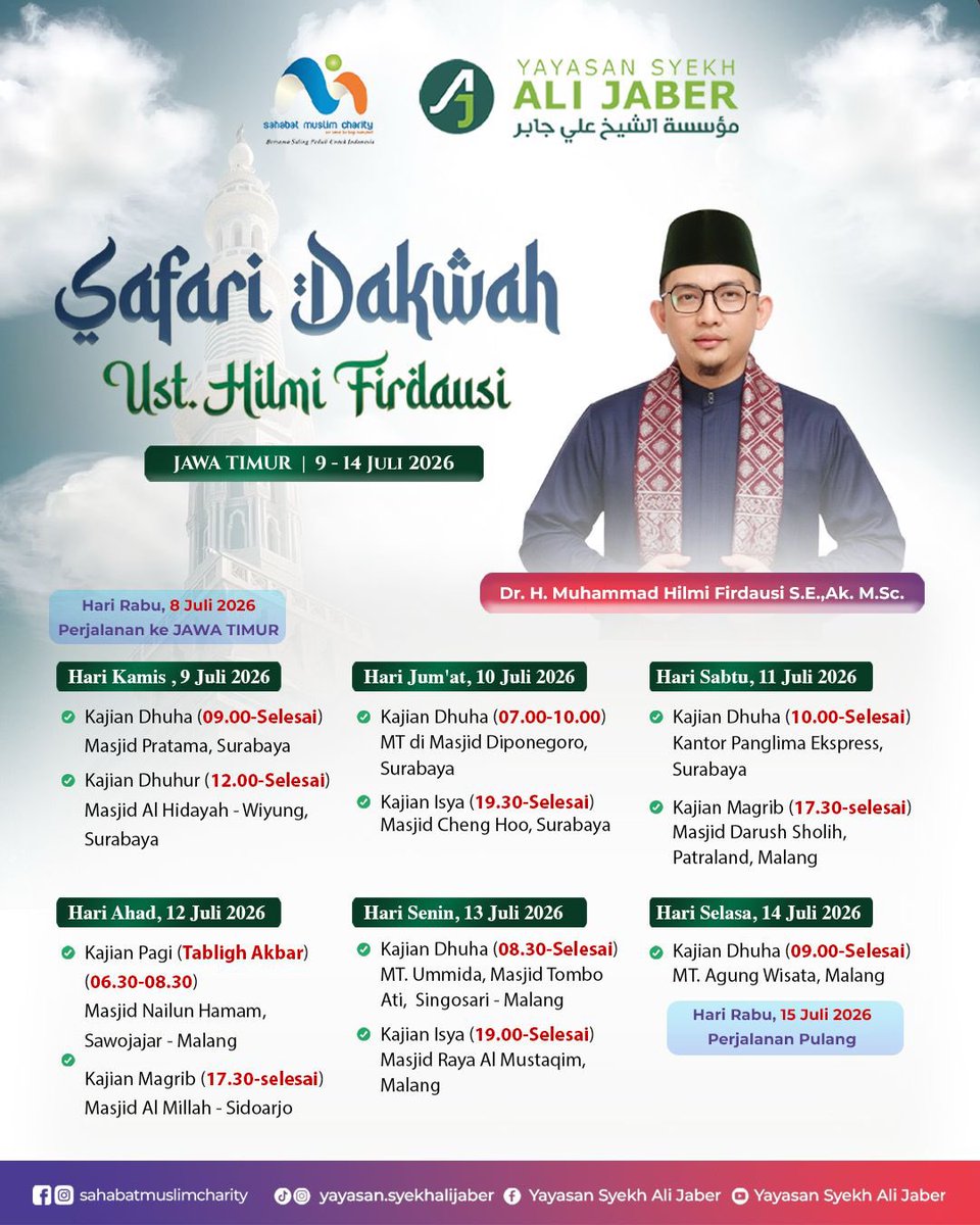 Hilmi28's tweet photo. Sedulur Jawa Timur…

Insya Allah tanggal 9–14 Juli kulo badhe rawuh ngisi 11 Tabligh Akbar lan Kajian Umum.

Monggo dipun rawuhi, ben tambah berkah. Sampai ketemu! 🤲 https://t.co/nmLN4BqTcG