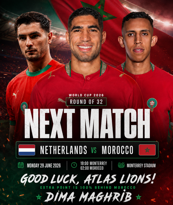 ExtraPointTeam's tweet photo. A decisive night awaits the Atlas Lions.

Extra Point and all its subsidiaries are 100% behind the Moroccan National Team.

Dima Maghrib!

#NetherlandsMorocco #Morocco #AtlasLions #TeamMorocco #DimaMaghrib #WorldCup2026 #RoundOf32 #GoodLuckMorocco #MoroccanFootball #ExtraPoint https://t.co/f90QuW17Eh