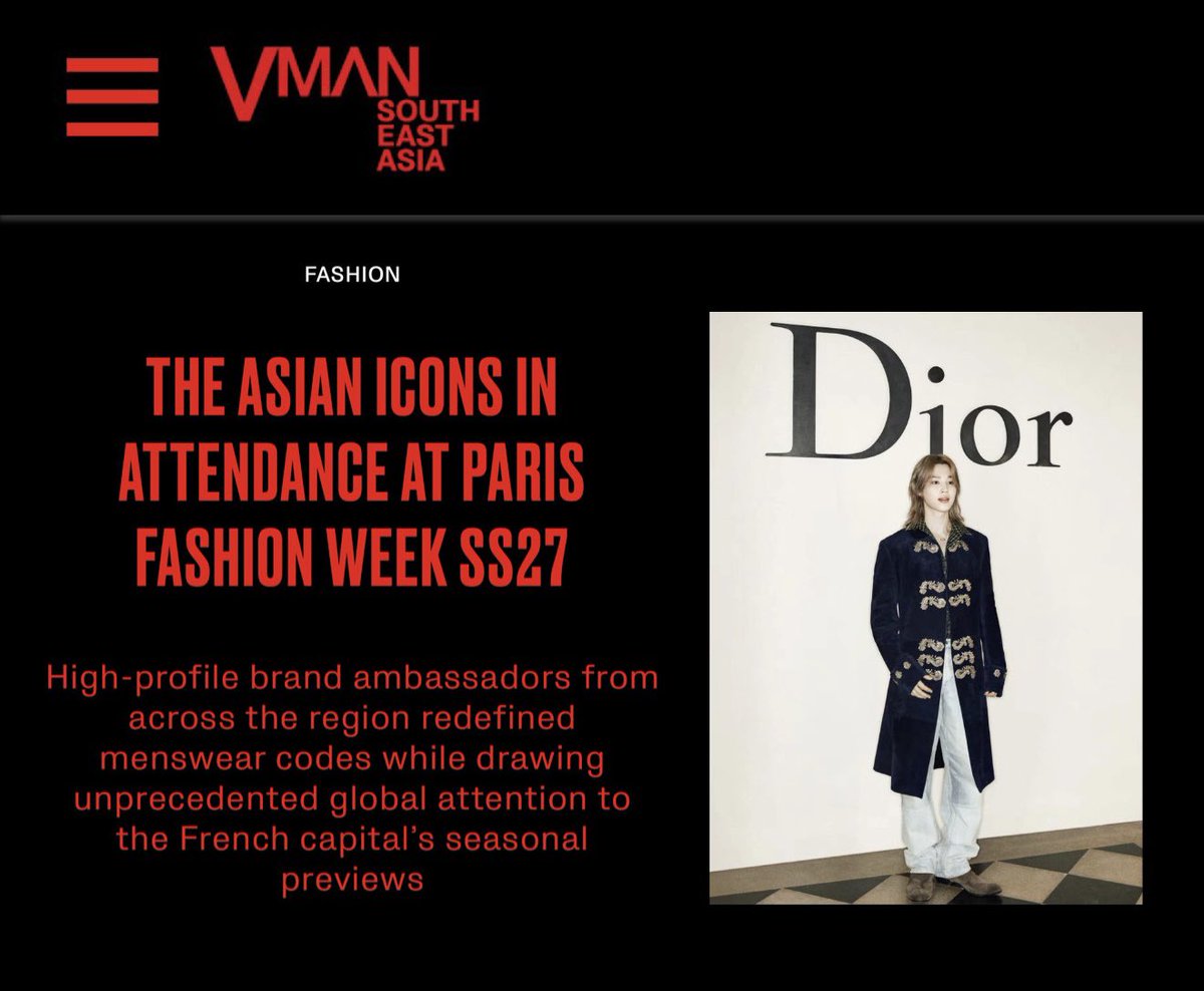 JiminGlobal's tweet photo. The Southeast Asian edition of VMAN magazine featured Jimin as the lead image in its “The Asian Icons in Attendance at Paris Fashion Week SS27” editorial coverage.

DIOR GLOBAL AMBASSADOR JIMIN
#JiminxDior #JiminxDiorSummer27 https://t.co/KmlY4OBIDY