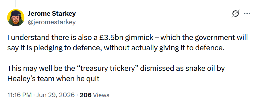 navalhistorian's tweet photo. Once more to the customary maths.
£11.5bn over four years (as @jeromestarkey points out, the other £3.5bn of the £14bn reported is the usual Treasury accountancy trickery), comes to £2.875bn a year, dragging Britain a full 0.096% GDP closer to the NATO 3.5% GDP spending target. https://t.co/462iM6ynmF