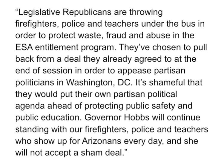 slaterchrisj's tweet photo. Governor’s Office statement on legislative Republicans throwing Arizona firefighters, police and teachers under the bus in order to protect waste, fraud and abuse in the ESA entitlement program 👇 https://t.co/5n4MDH51QV