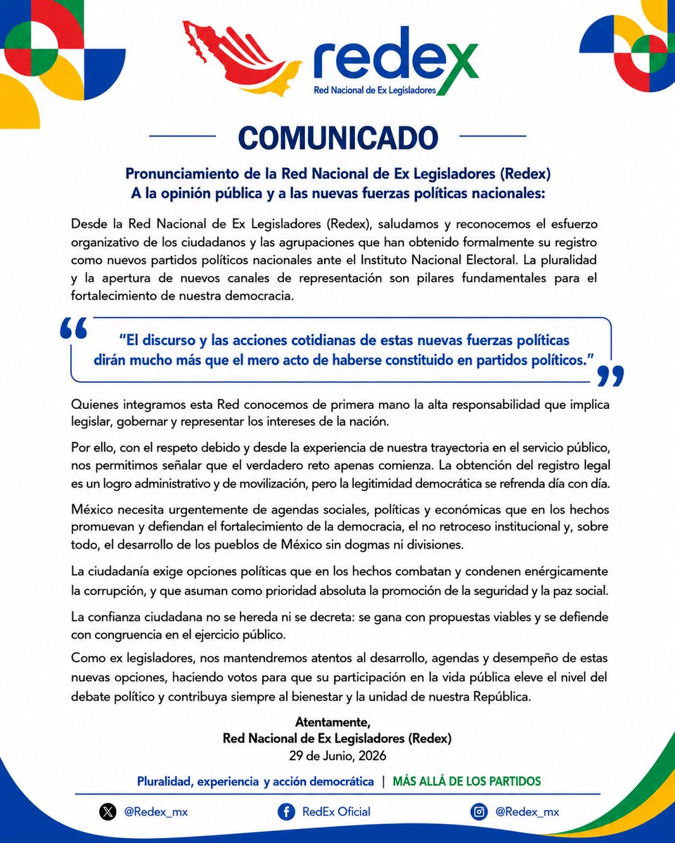 Redex_mx's tweet photo. 📢 Desde Redex reconocemos a los nuevos partidos políticos nacionales, pero el registro es solo el inicio:

"El discurso y las acciones de estas nuevas fuerzas dirán mucho más que el mero acto de haberse constituido."

Exigimos congruencia por México. 👇 https://t.co/D72d0kNI7V