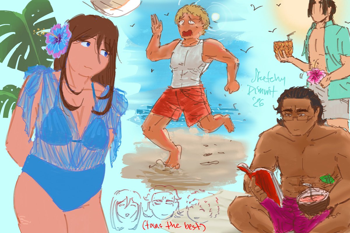 skedumdum's tweet photo. HEADCANONS TIME: I think the rest of the elite would struggle with tanning or with sun burns unlike these bums. Grantz would be pulled into everyone’s antics (playing volleyball, swimming, fetching drinks) but would be the least tired from a beach trip because I said so https://t.co/NKxaizckXS