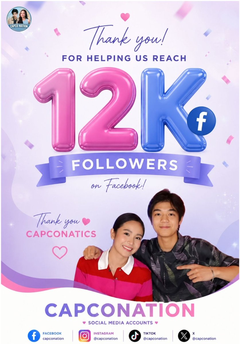 capconation's tweet photo. Thank you, CAPCONATICS!🩷

Your love and support have helped us reach 12,000 Facebook followers and for always supporting Caprice Cayetano &amp; Marco Masa. Your love means everything to us! 🫶✨

#Capco https://t.co/1jPT2xrU4L