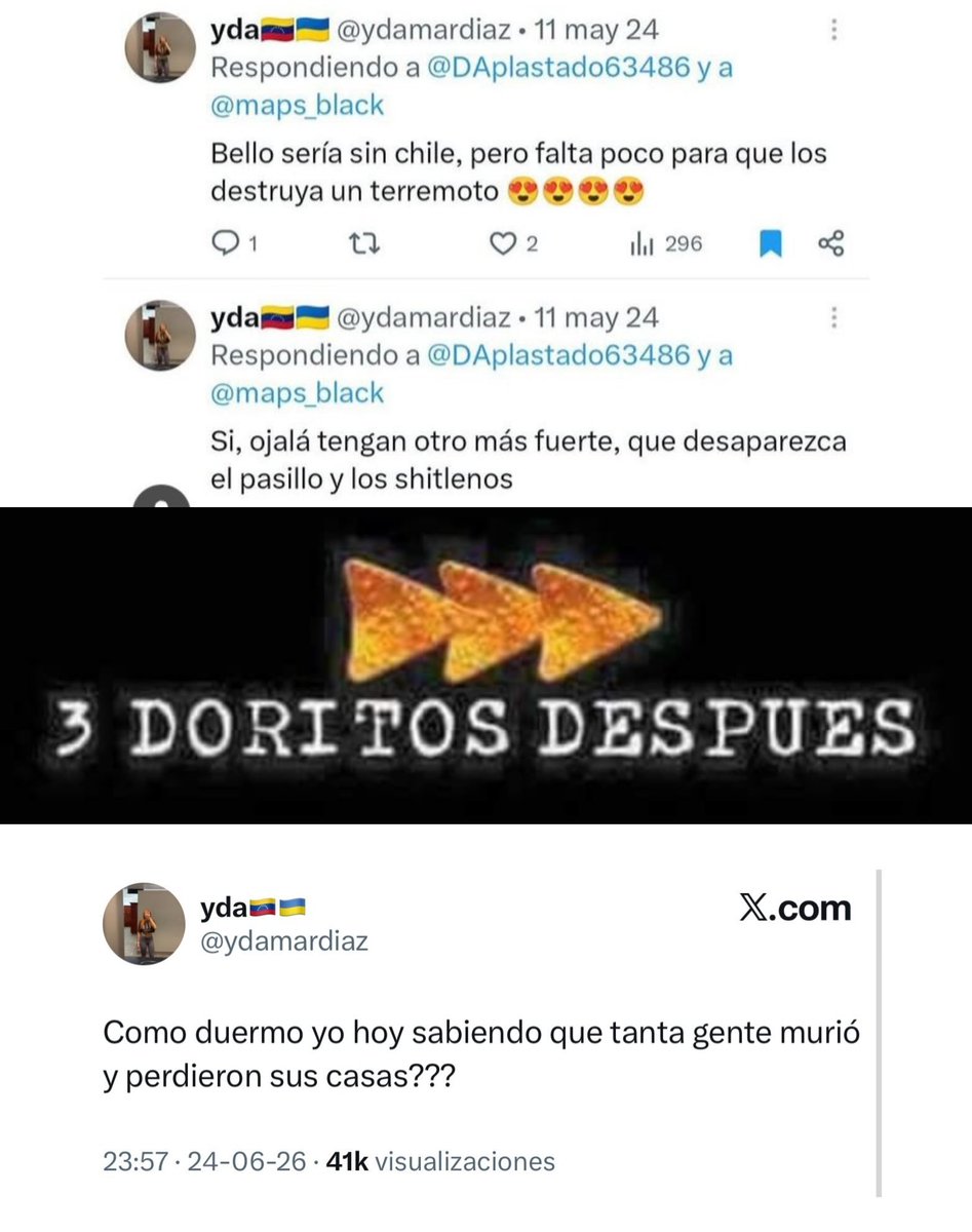 Janitzia_21's tweet photo. @ydamardiaz Que terrible tener en la conciencia esto,desearle a un país una tragedia así  y que te termine pasando a ti, espero tu gente se pueda recuperar. Cuando un país se levanta de algo así se vuelve más serio, más maduro, más reservado o como a ustedes les gusta decirnos "más gris" https://t.co/z3GJqt9cLI